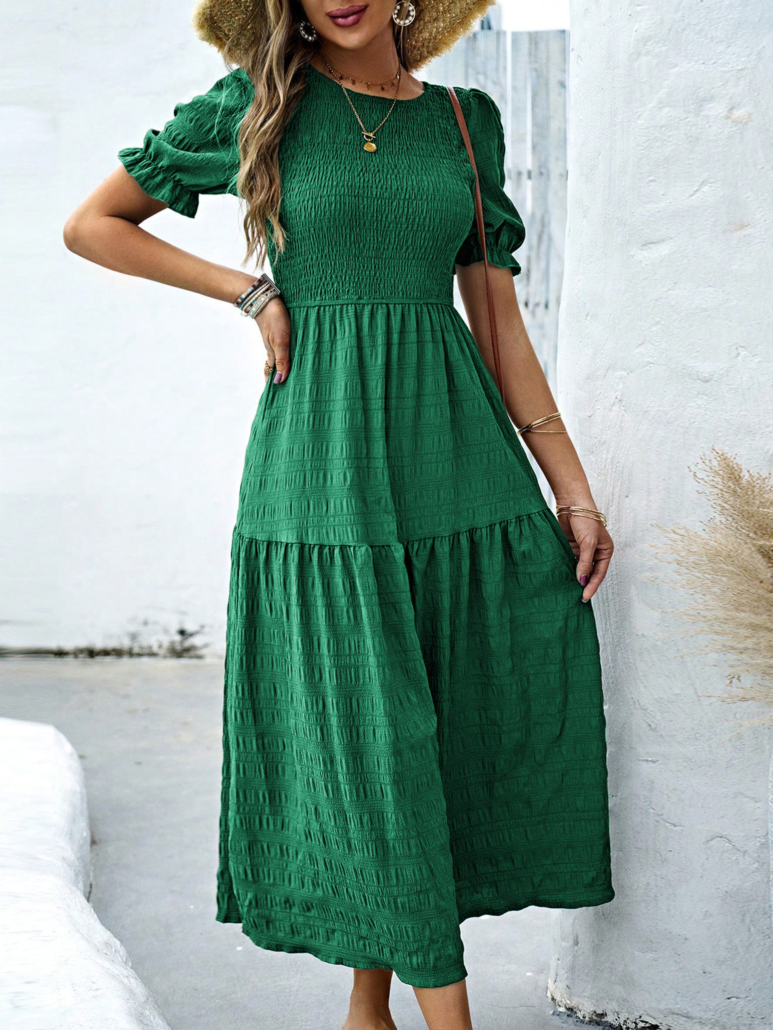 Robe Longue Trapèze Col Rond Manches Courtes à Volants Robe Invitée de Mariage en Vert Foncé