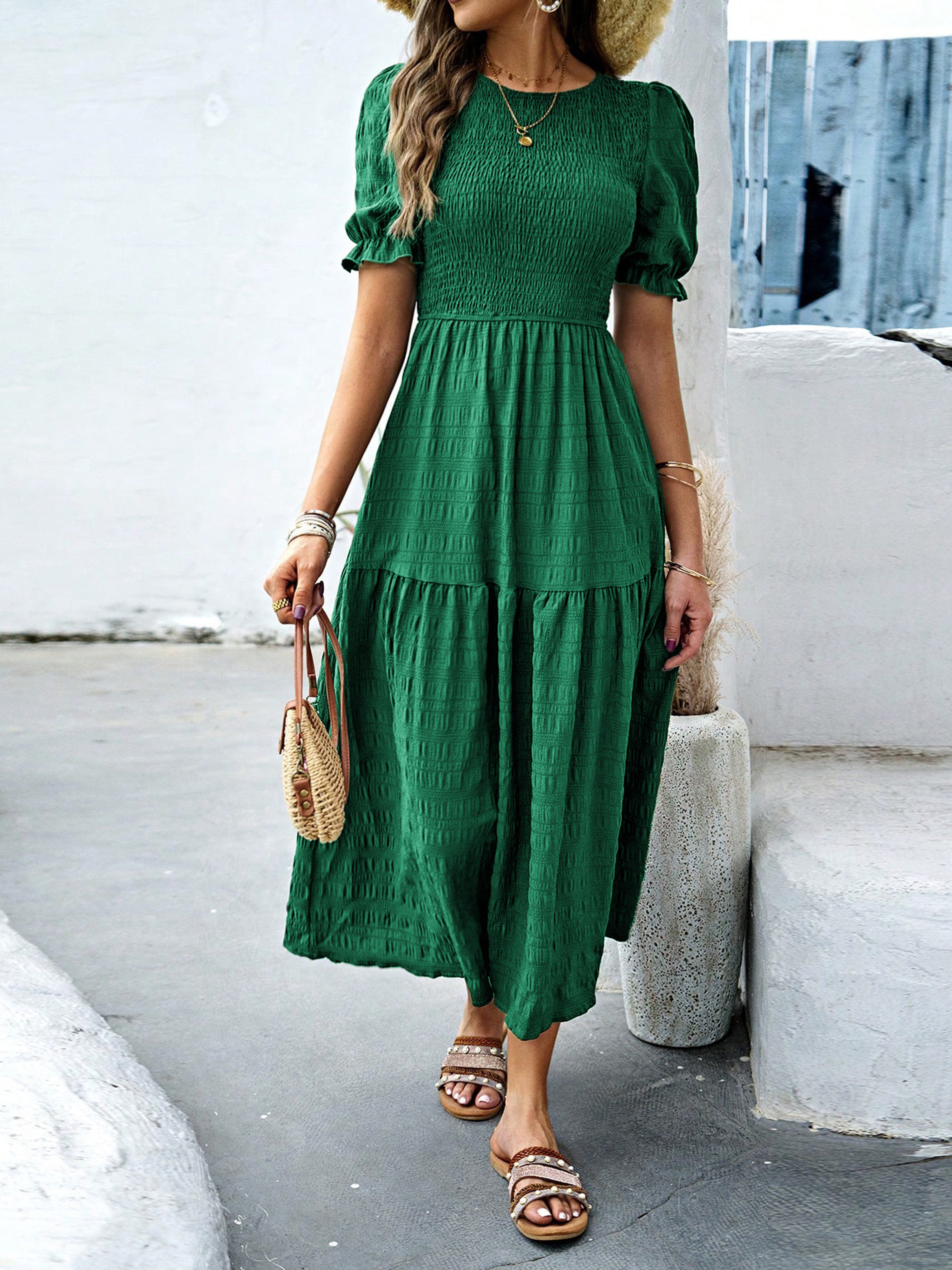 Robe Longue Trapèze Col Rond Manches Courtes à Volants Robe Invitée de Mariage en Vert Foncé