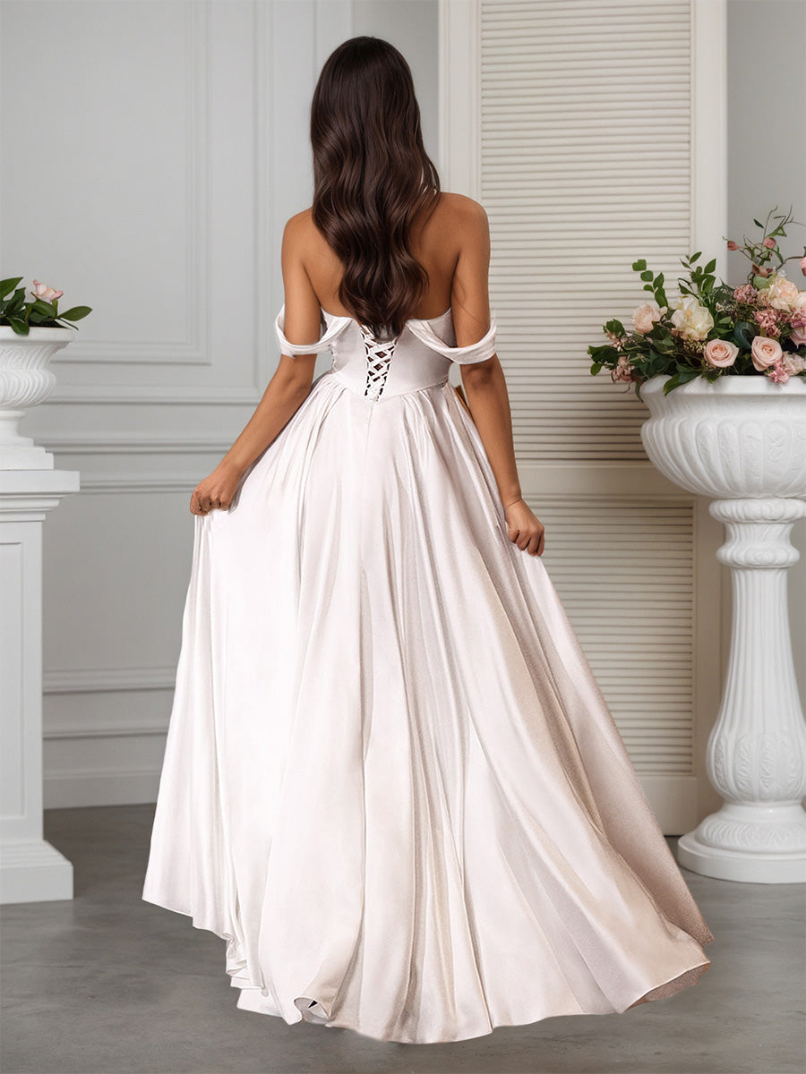 Cicinia Robe de Mariée Longue A-Line Épaules Dénudées à Plis Longueur Sol Charmante