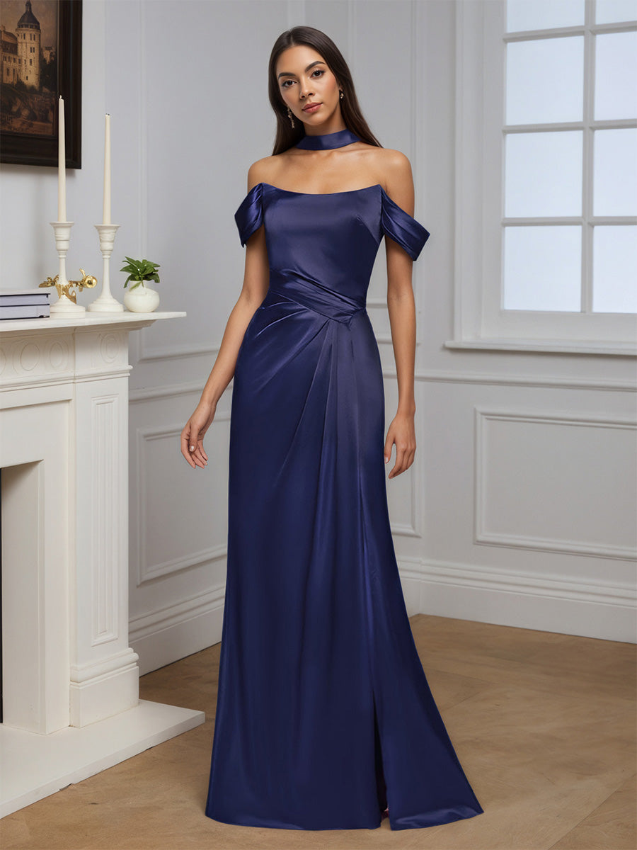 Cicinia Robe de Soirée de Gala BLEU MARINE Longue Fourreau Épaules Dénudées Traîne Balayée