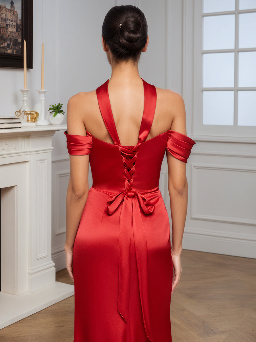Cicinia Robe de Soirée de Gala Rouge Longue Fourreau Épaules Dénudées Traîne Balayée