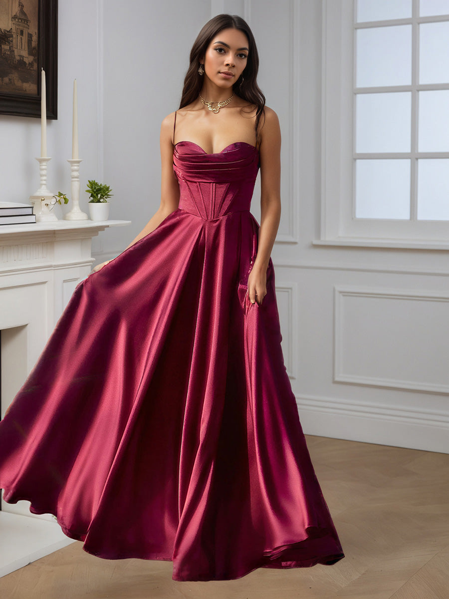 Cicinia Robe de Soirée BORDEAUX Longue A-Line à Bretelles Spaghetti Fente Longueur Sol Épurée