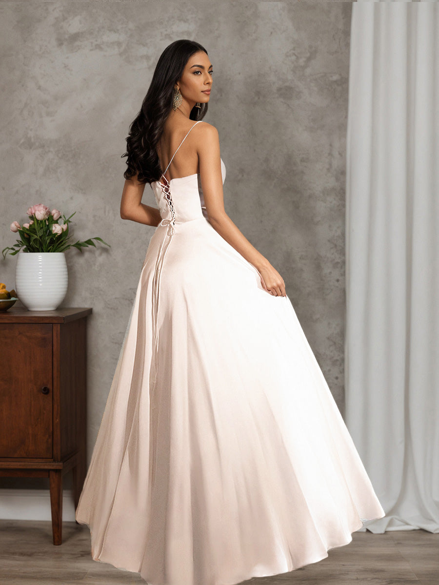 Cicinia Robe de Mariée de Cérémonie Longue A-Line Bretelles Spaghetti à Jupe Plissée