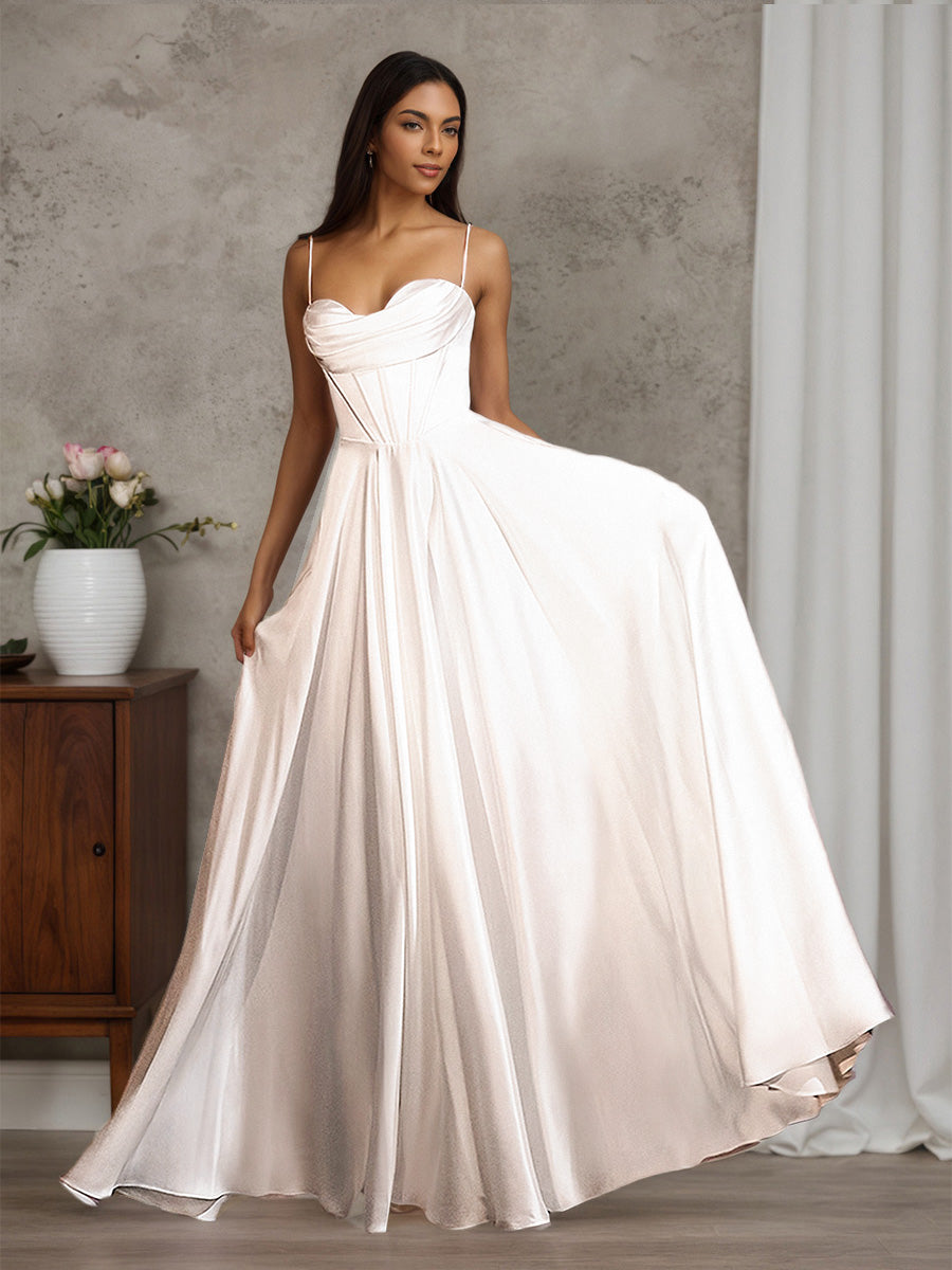 Cicinia Robe de Mariée de Cérémonie Longue A-Line Bretelles Spaghetti à Jupe Plissée