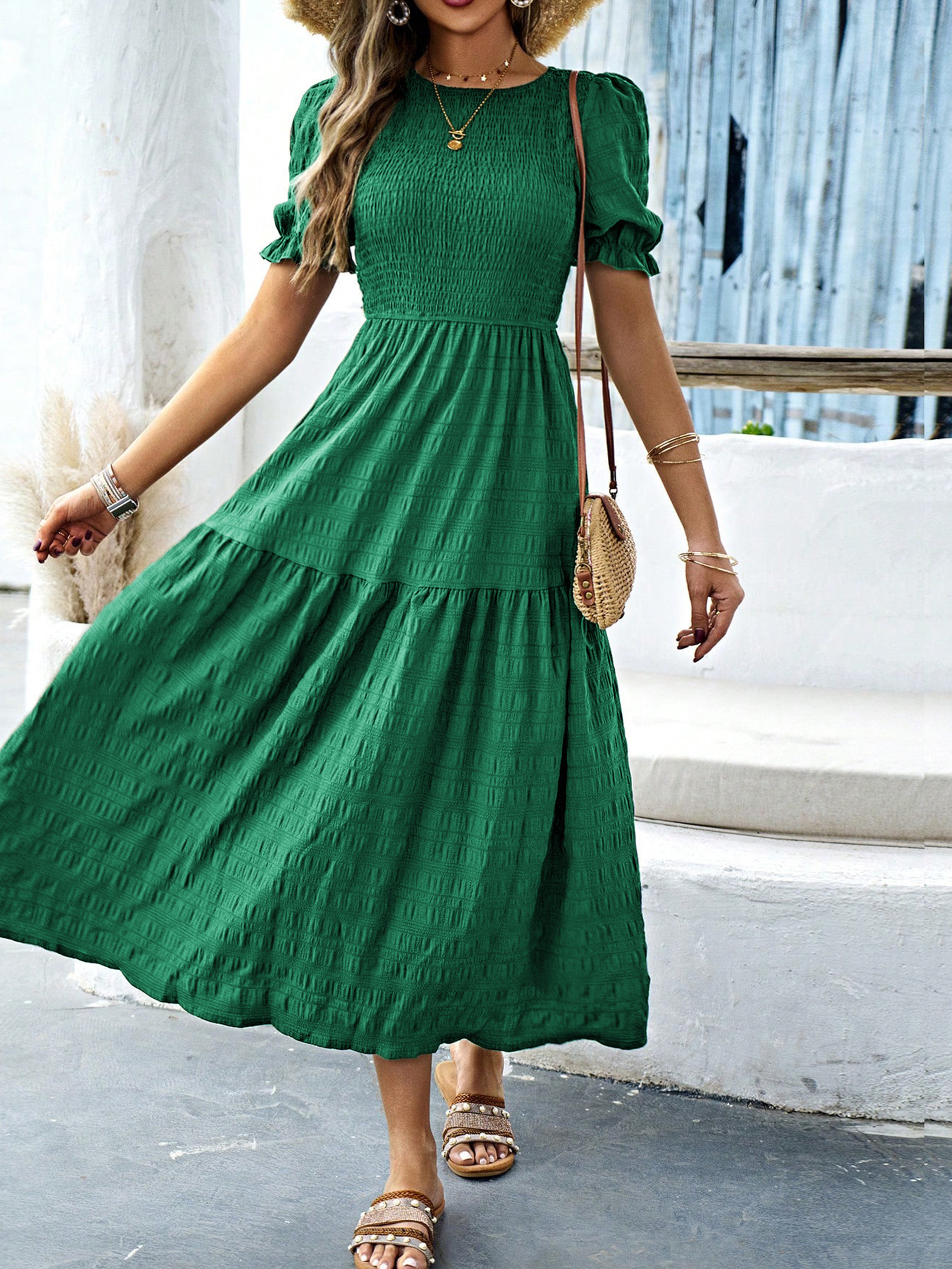 Robe Longue Trapèze Col Rond Manches Courtes à Volants Robe Invitée de Mariage en Vert Foncé