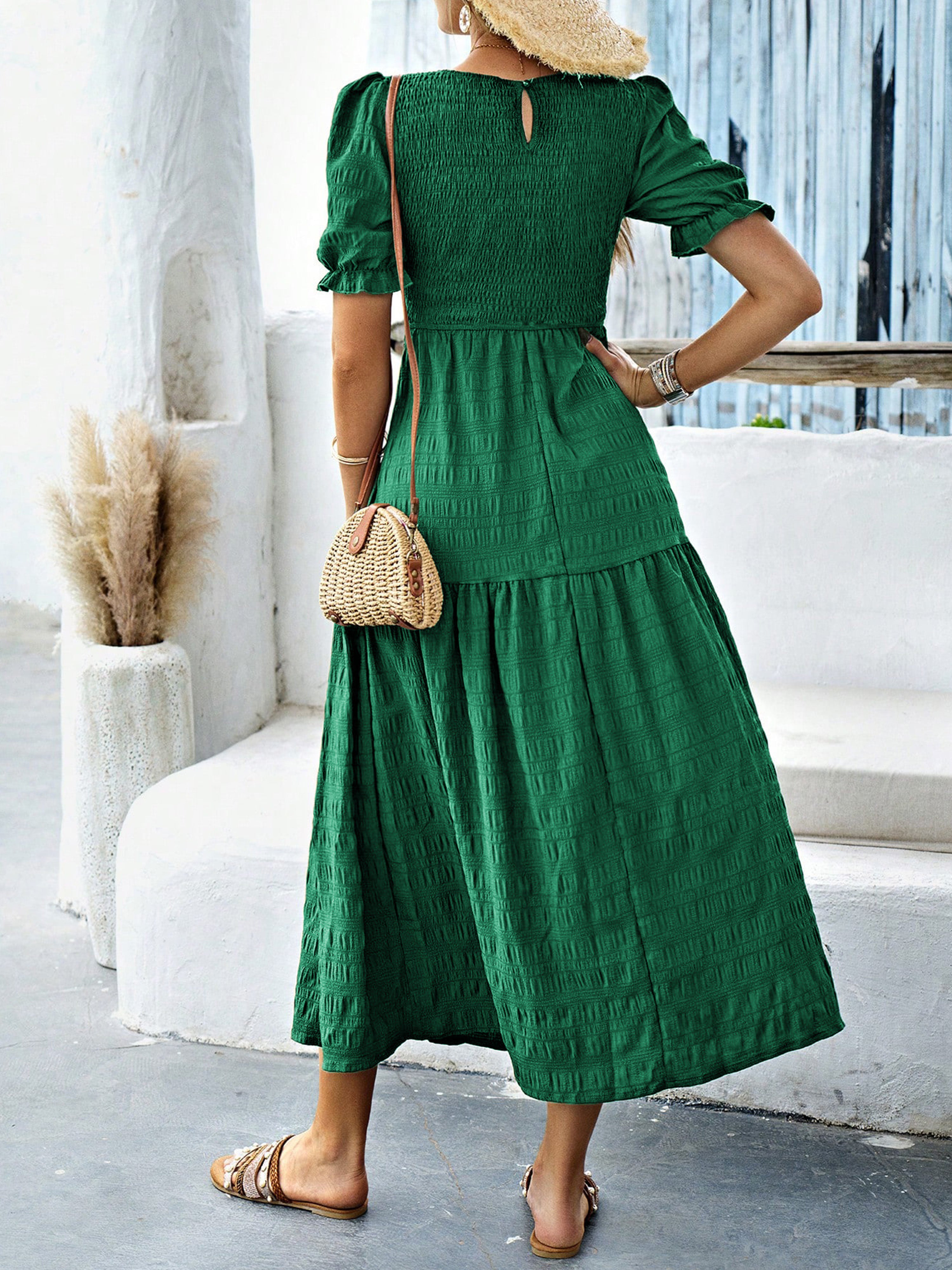 Robe Longue Trapèze Col Rond Manches Courtes à Volants Robe Invitée de Mariage en Vert Foncé