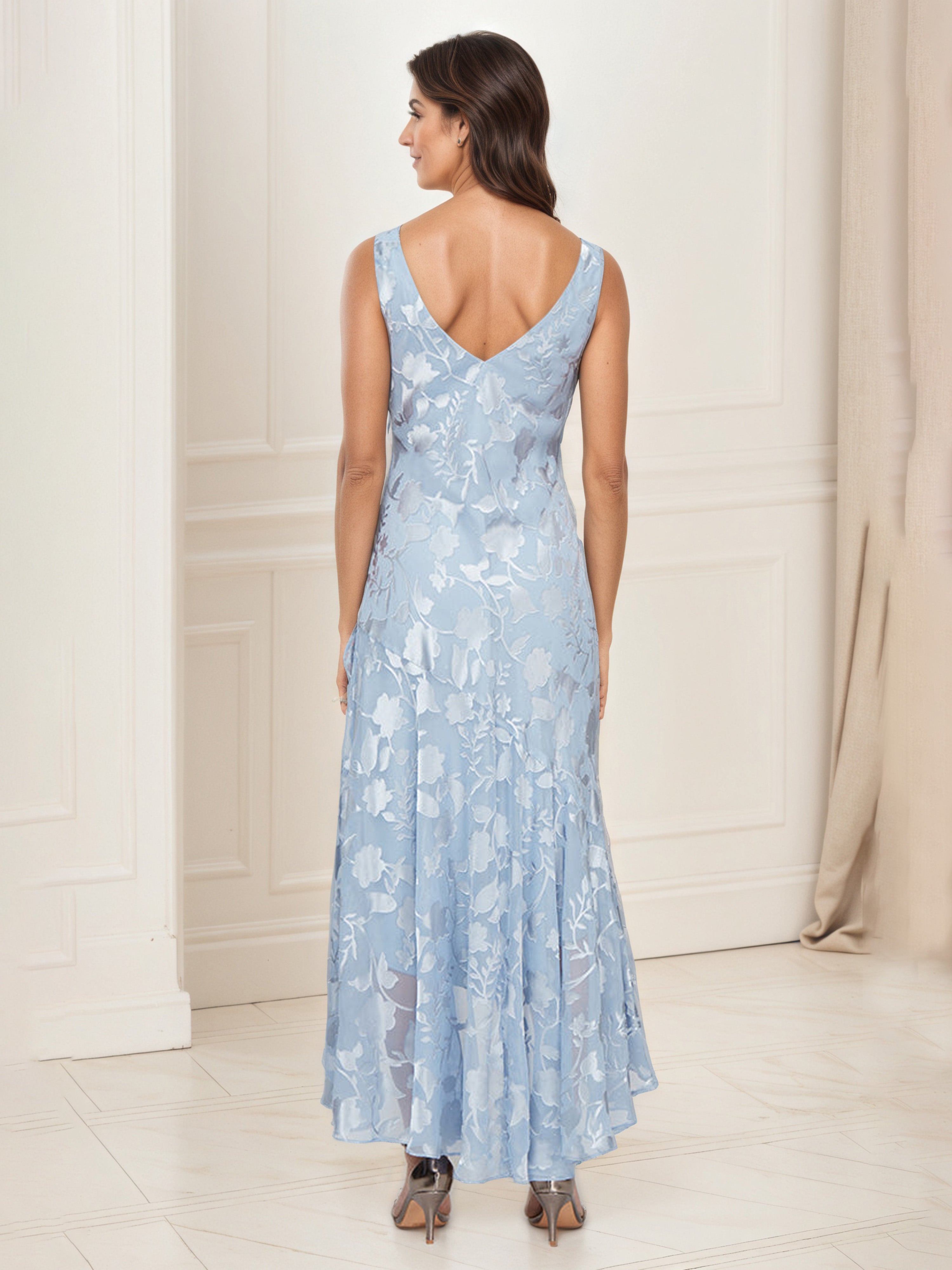 Tenue Mère De la Mariée Très Chic BLEU_CIEL Robe Ensemble Asymétrique en Forme de Tulipe Avec Manches 3/4 Veste
