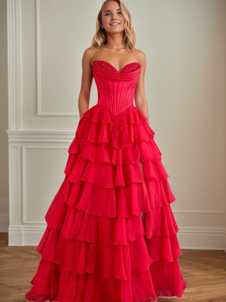 Robe de Soirée Rouge Mousseline et Dentelle Trapèze avec corsage à Appliques