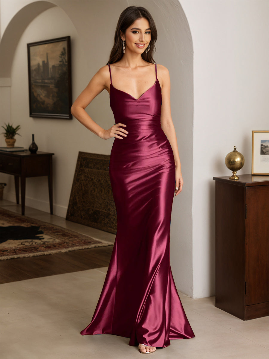 Cicinia Robe de Soirée MuRE Longue en Satin Extensible Fourreau à Bretelles Spaghetti Dos Nud Chic