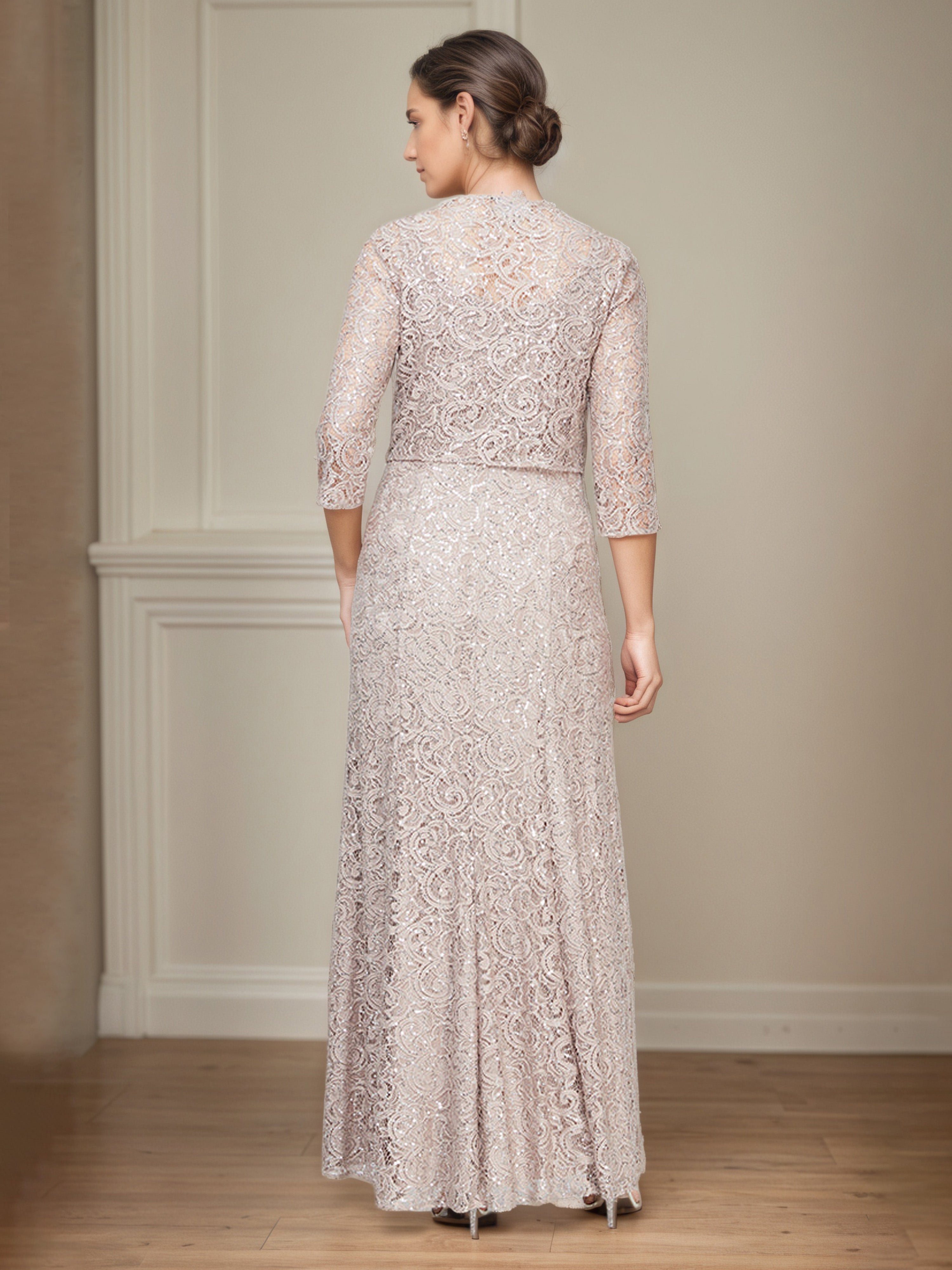 Robe Mère de la Mariée CHAMPAGNE Robe Trapèze en Dentelle à Paillettes Avec Veste Illusion à Manches 3/4