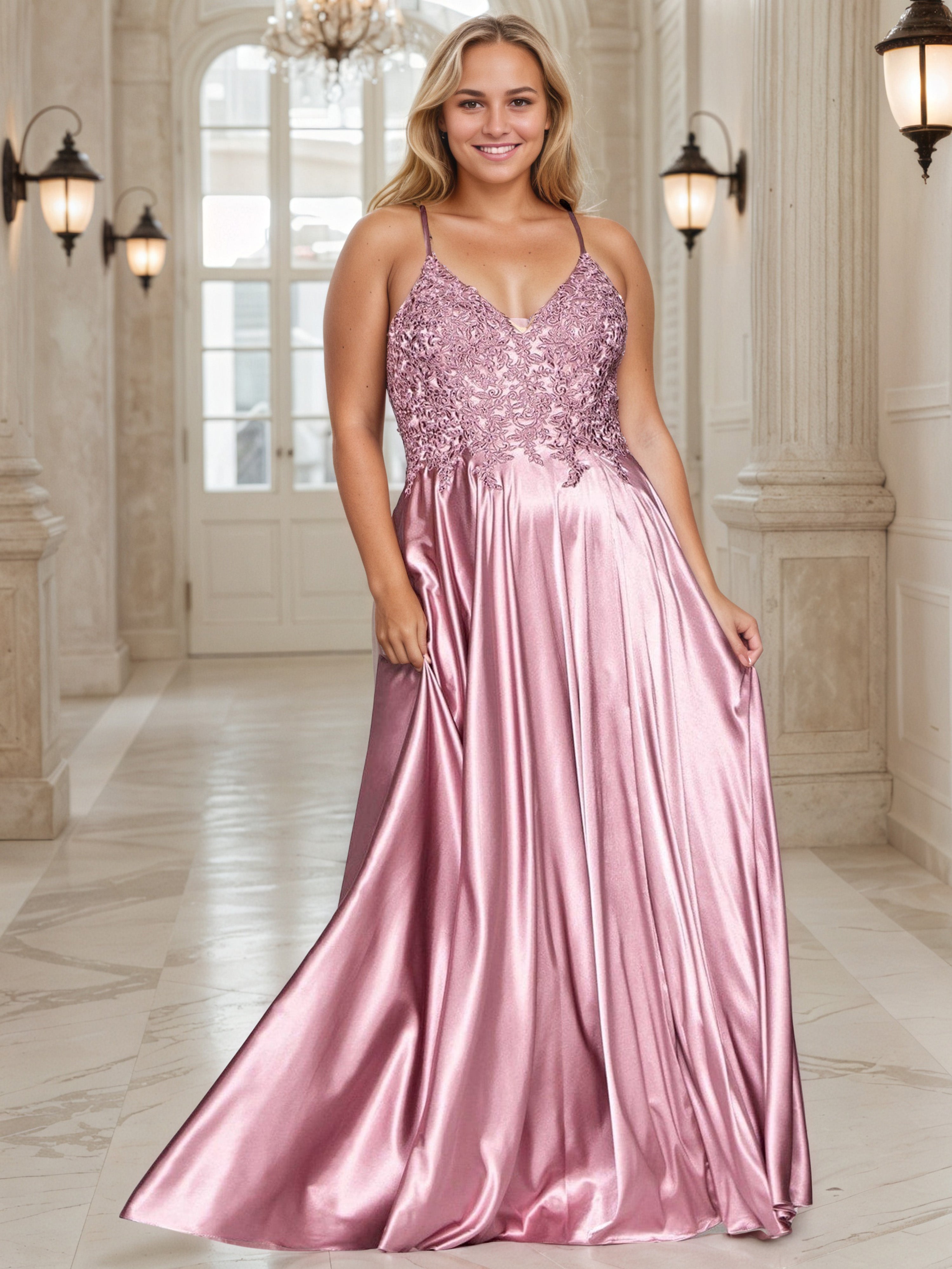 Robe de Bal Dentelle ROSE_POUDRE à Encolure V Grande Taille Longue Sans Manches avec Appliqués et Bretelles Spaghetti