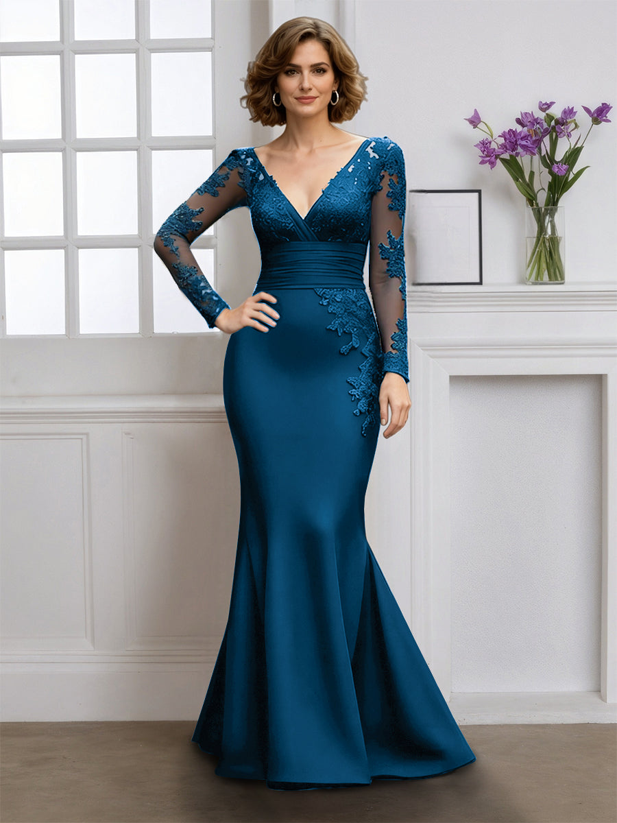 Cicinia Robe pour Mère de la Mariée Bleu Longue en Tissu Extensible Sirène Décolleté en V