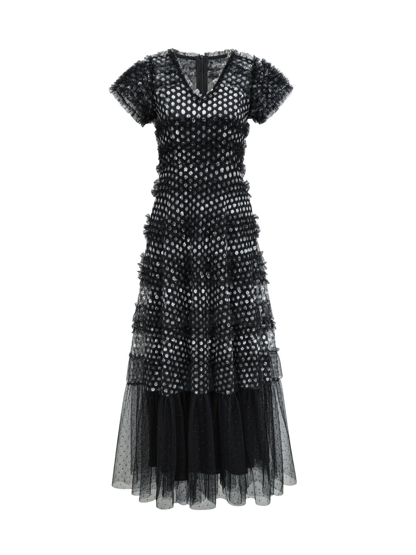 Robe Paillettes Trapèze Col V Manches Courtes Robe de Soirée en Noir