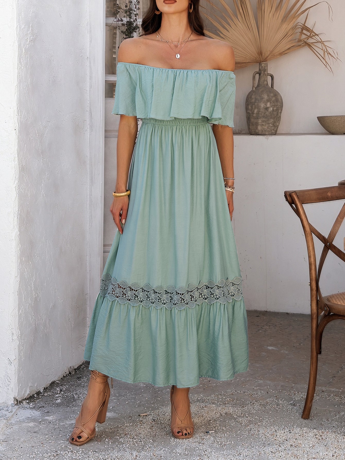 Robe Invitée Mariage Celadon Epaule Dénudée Manches Courtes Bustier Volanté