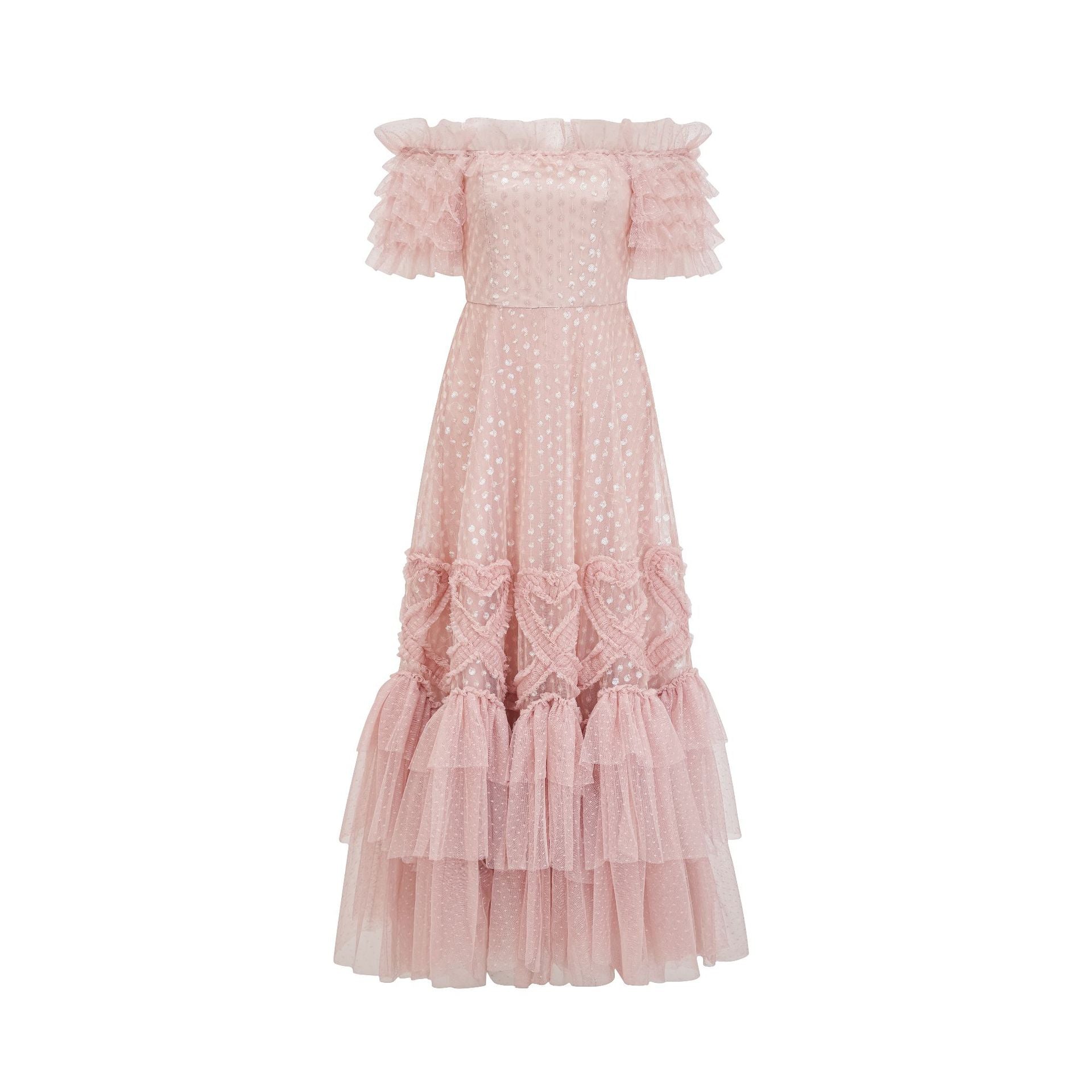 Robe Paillettes Trapèze Épaule Dénudée Manches Courtes Robe de Soirée en Rose