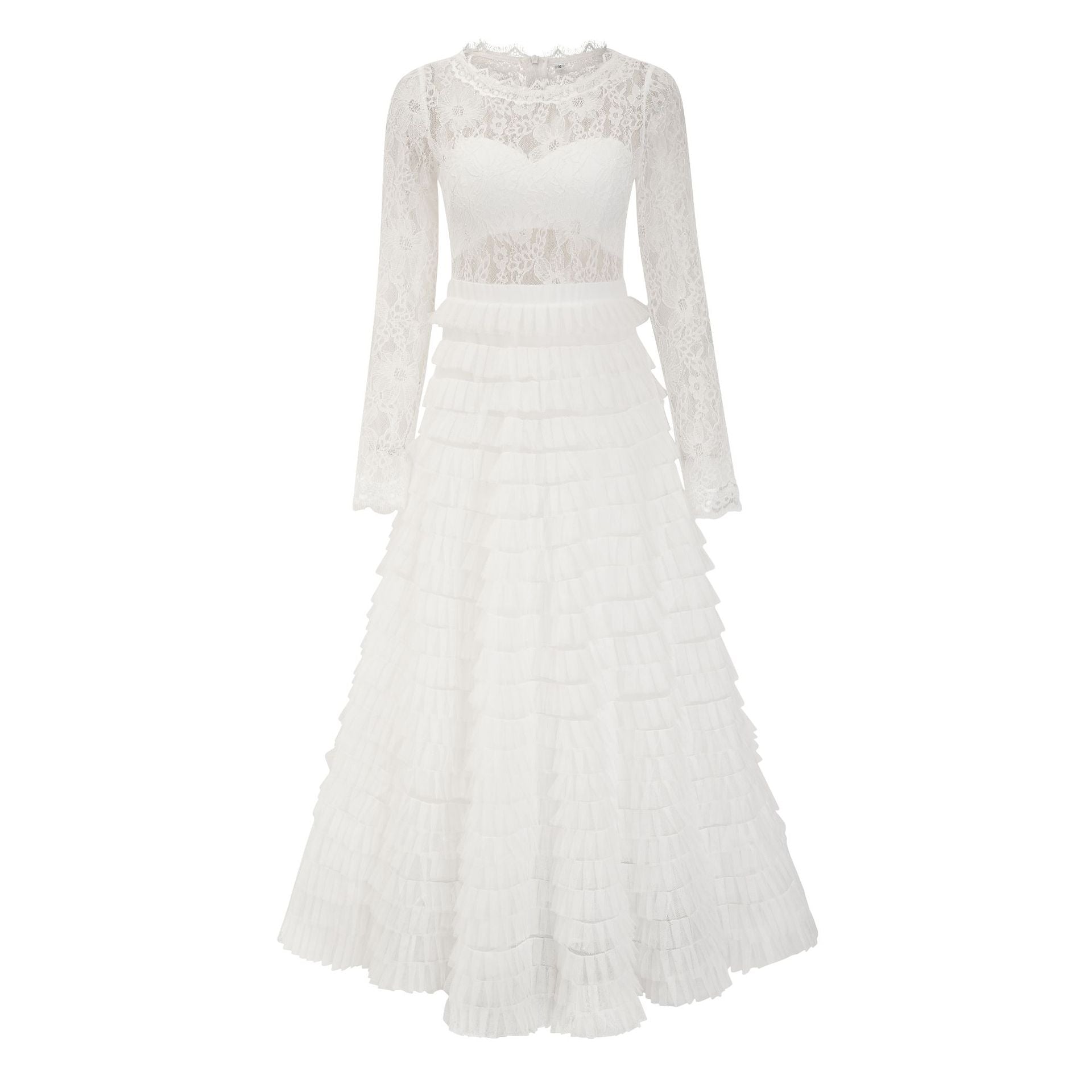 Robe Dentelle Trapèze Col Rond Manches Longues Robe de Soirée en Blanc