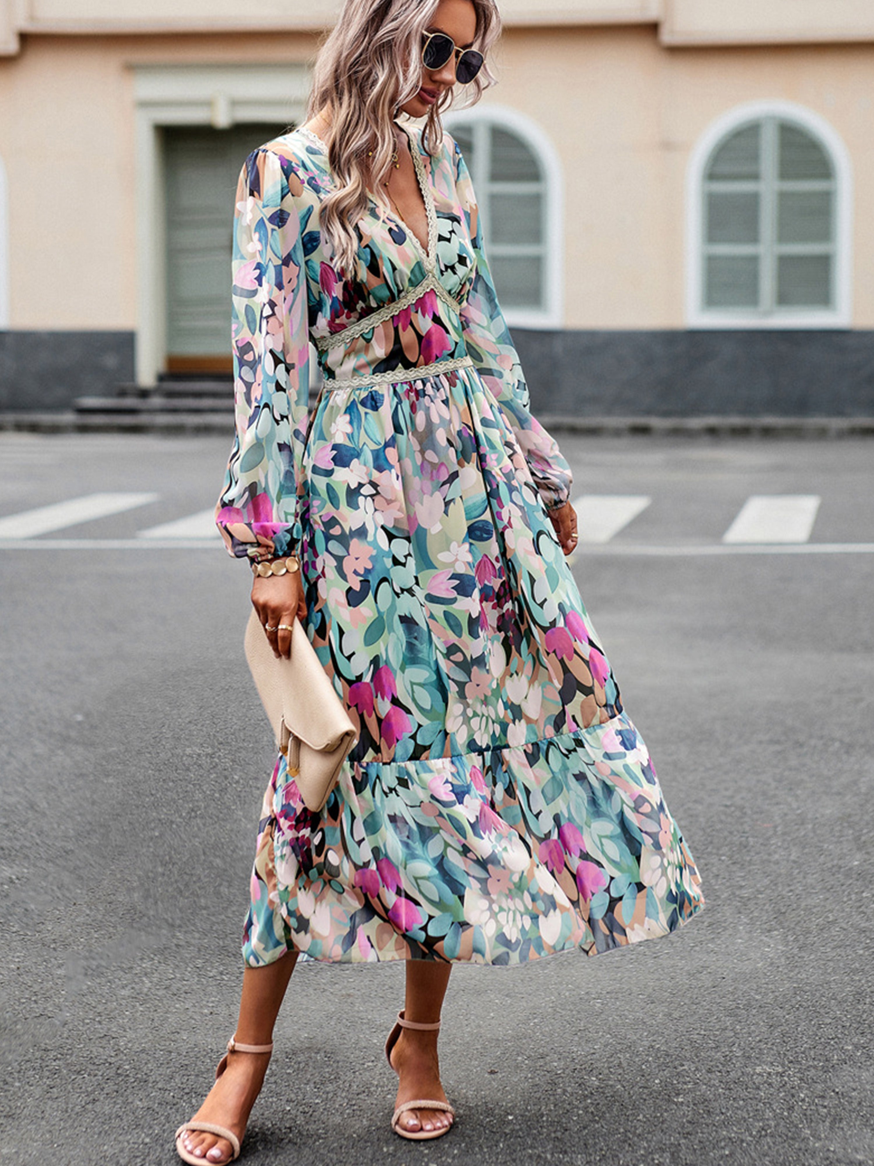 Robe Florale Vert Trapèze Col V Manches Longues Robe Invitée de Mariage