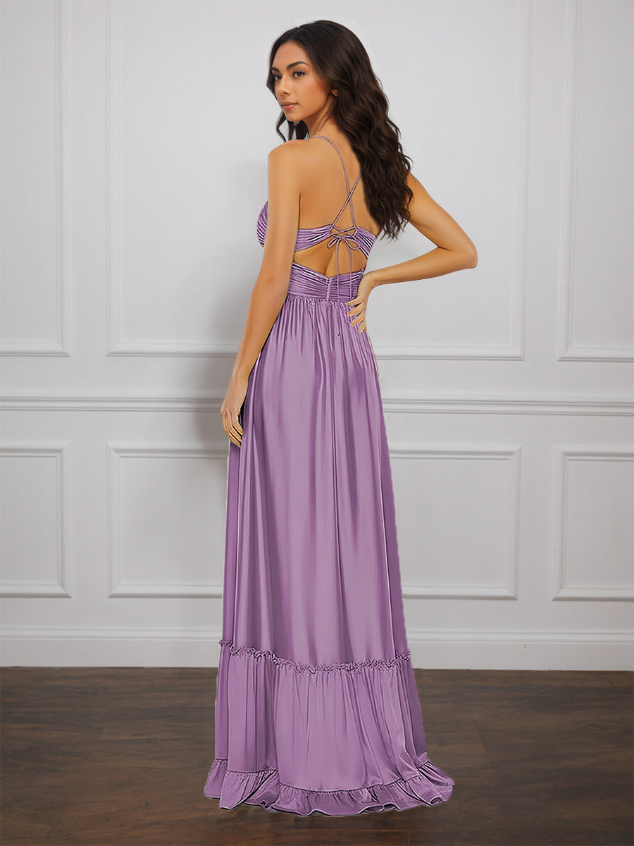 Cicinia Tahiti Robe de Soirée Longue en Satin Doux A-Line Bretelles Spaghetti Traîne Balayée