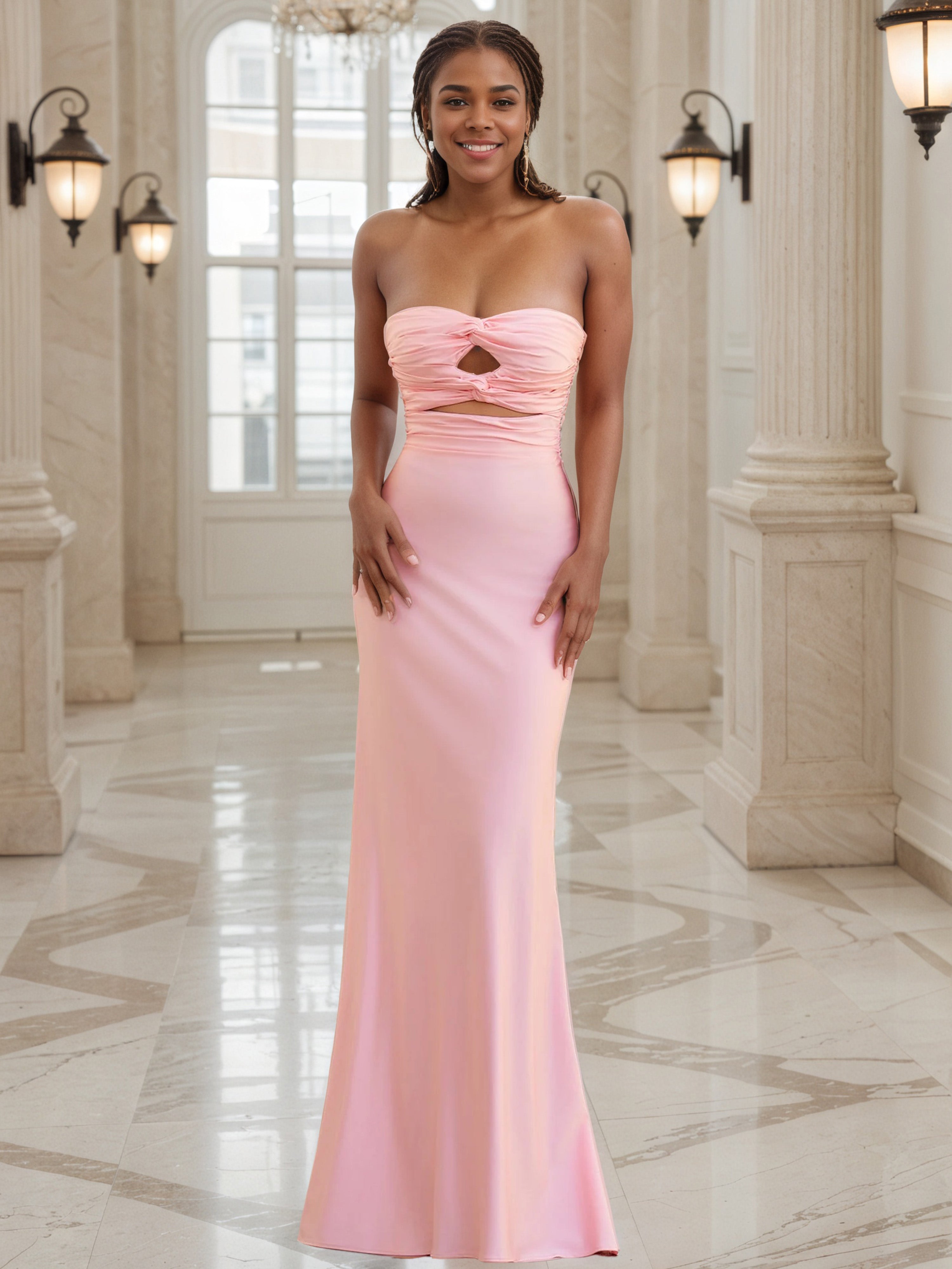 Robe de Soirée ROSE Col Bustier Fourreau avec Ouverture en Forme de Trou