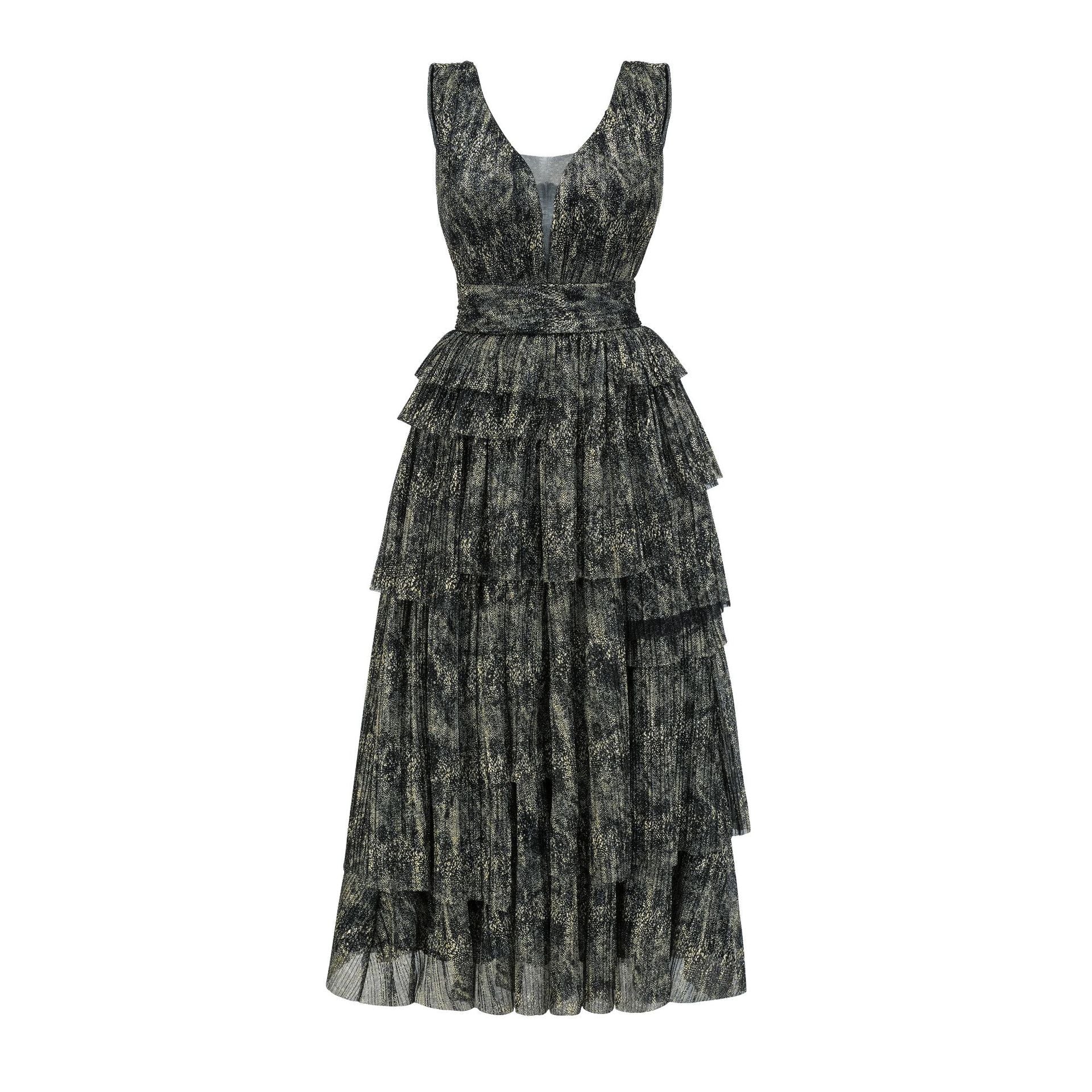 Robe Longue en Tulle Trapèze Col V Sans Manches Robe de Soirée en Noir