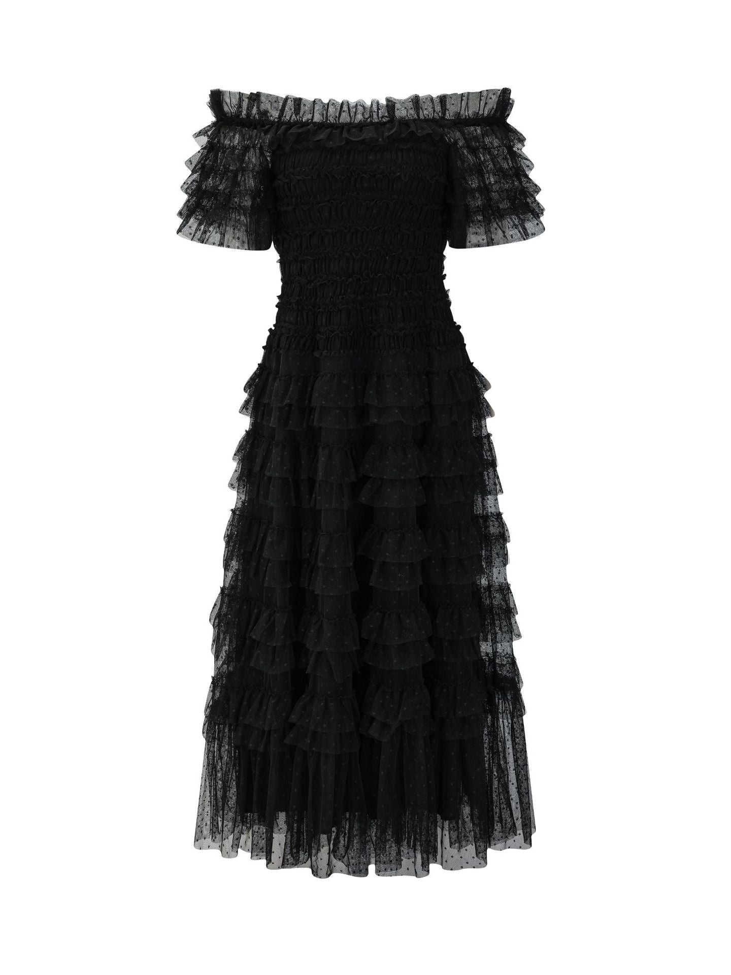 Robe Trapèze Épaule Dénudée Manches Courtes Robe de Soirée en Noir