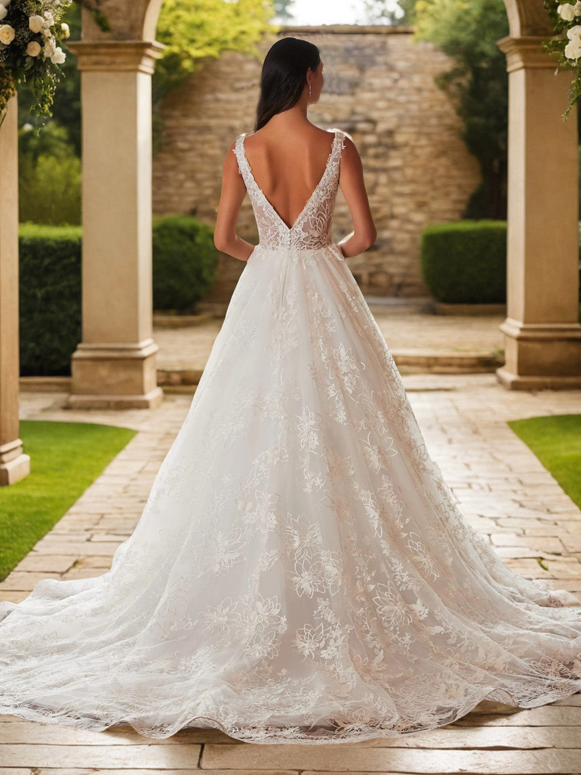 Col V Manches Longues Tulle&Dentelle Robe de Mariage avec La Courte Traîne