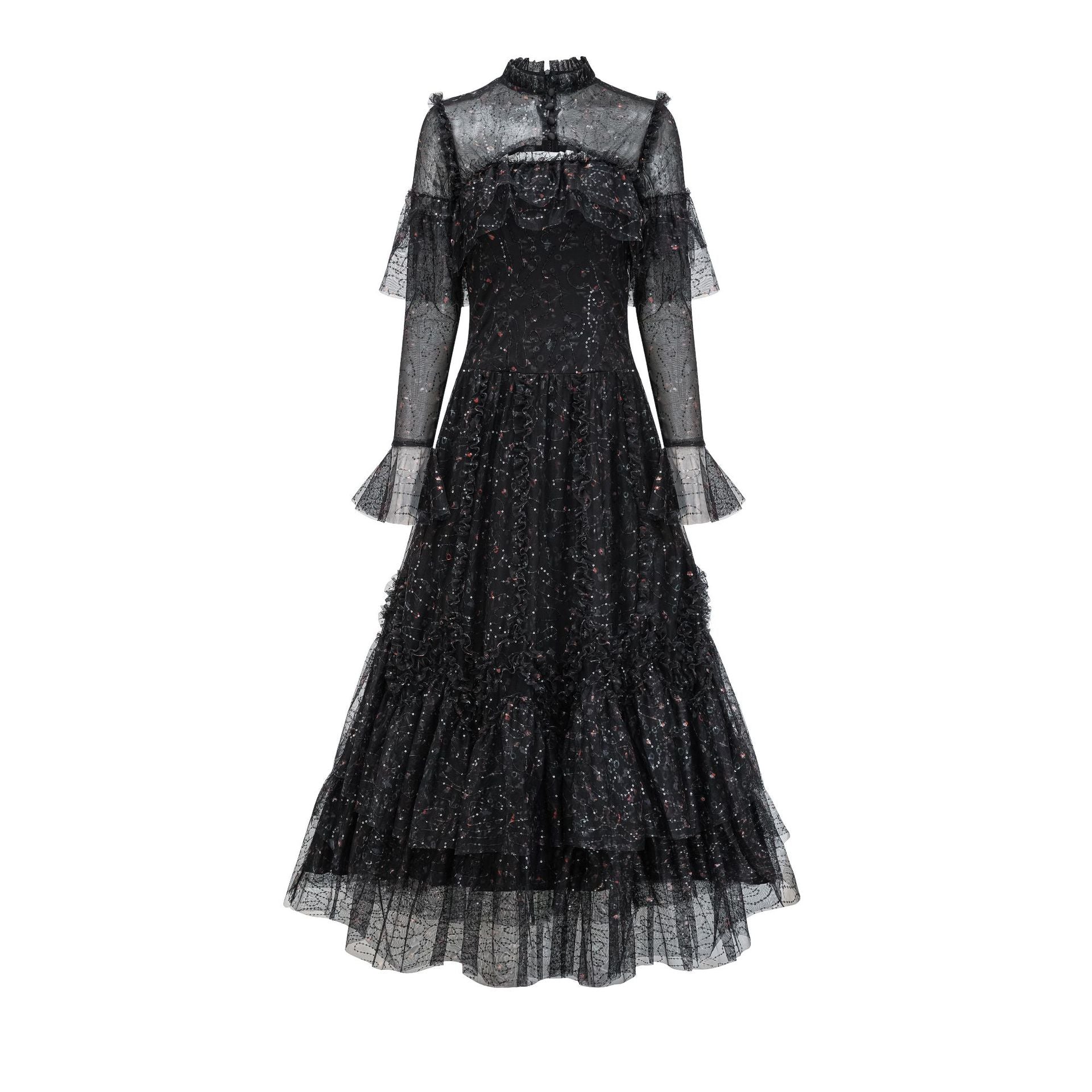 Robe Longue Trapèze Col Rond Manches Longues Robe de Soirée en Noir