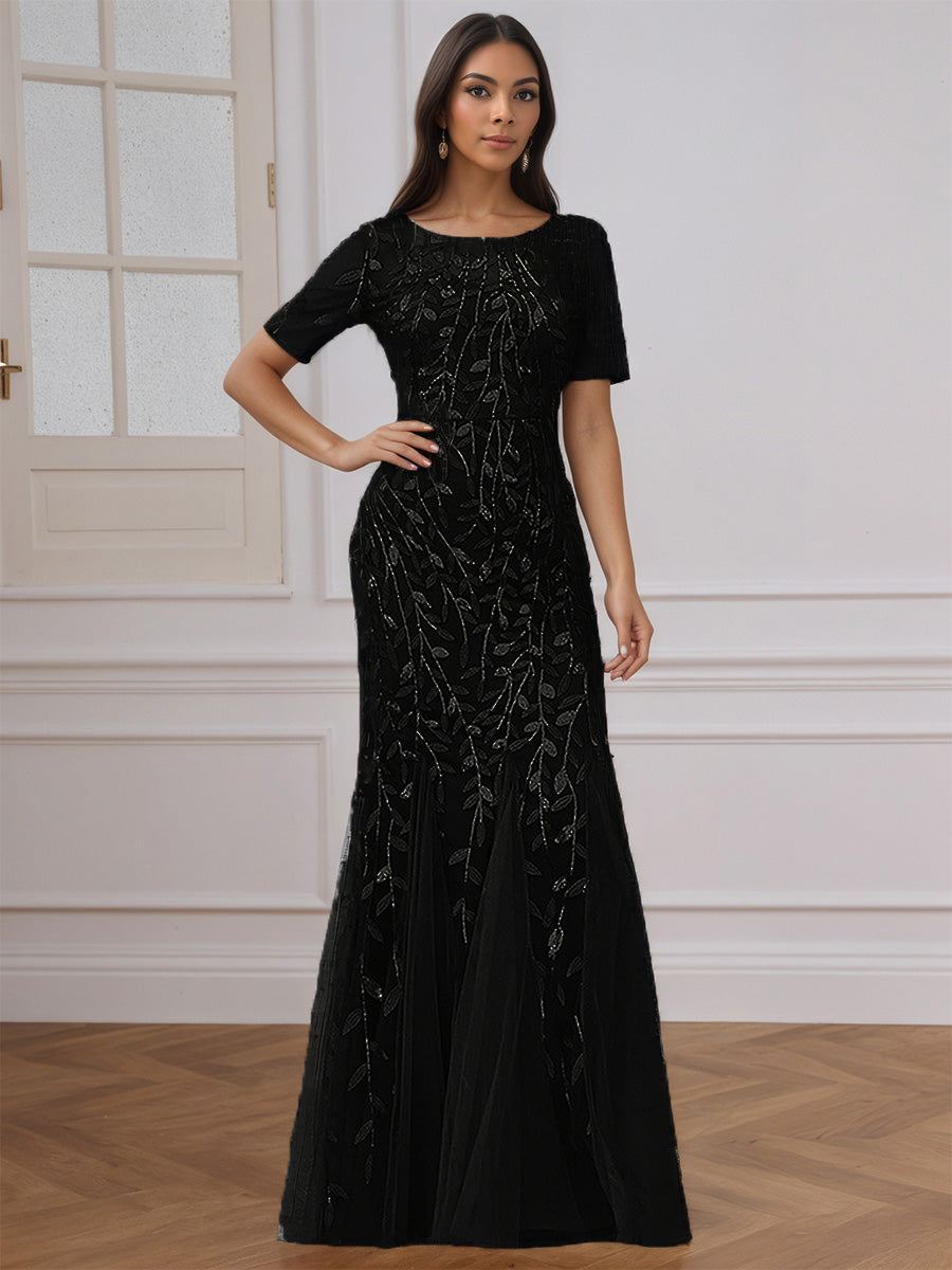 Cicinia Robe de Soirée en Noir Longue en Dentelle Manches Courtes Décolleté en Coeur Ravissante