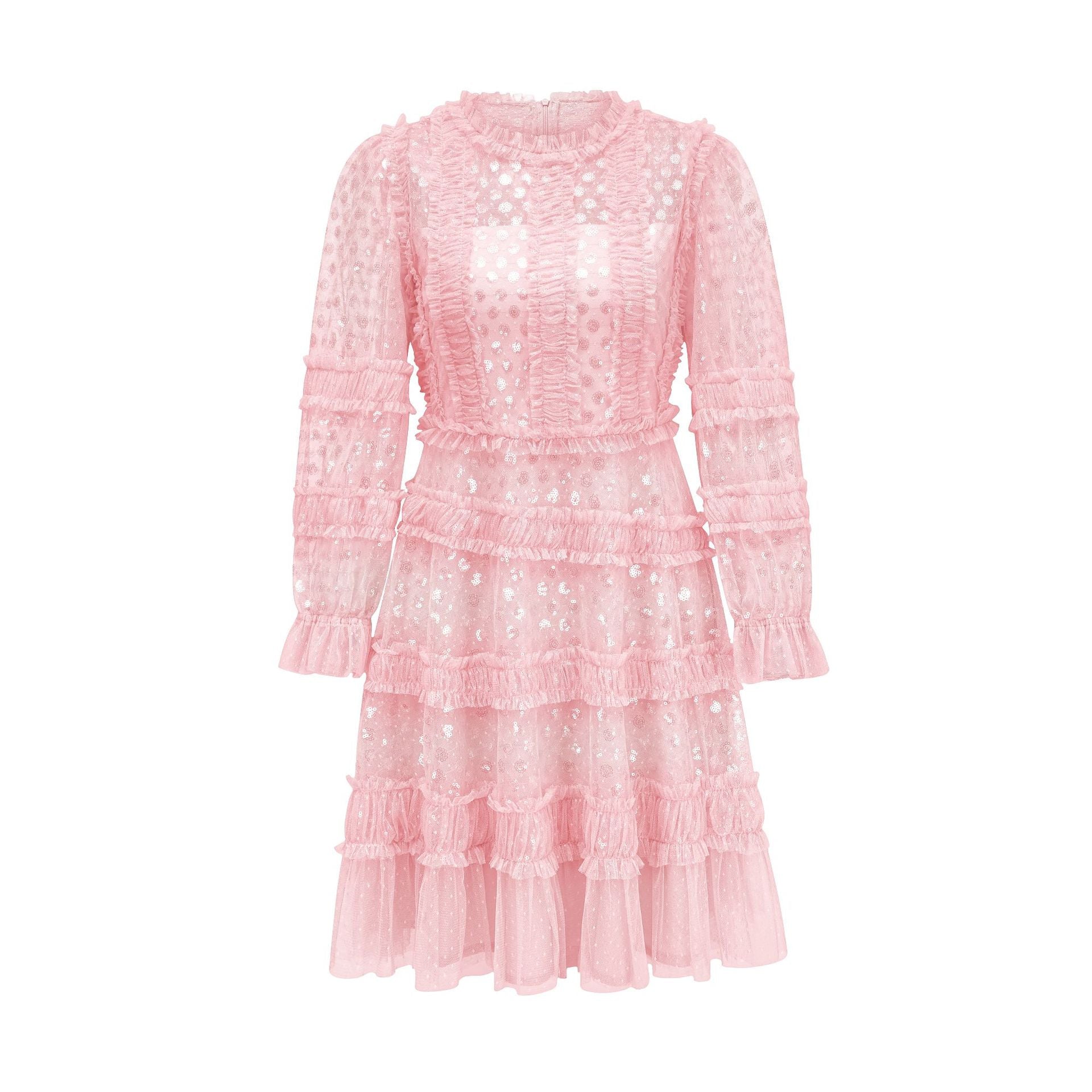Robe Courte Trapèze Paillettes Col Rond Manches Longues Robe de Soirée en Rose