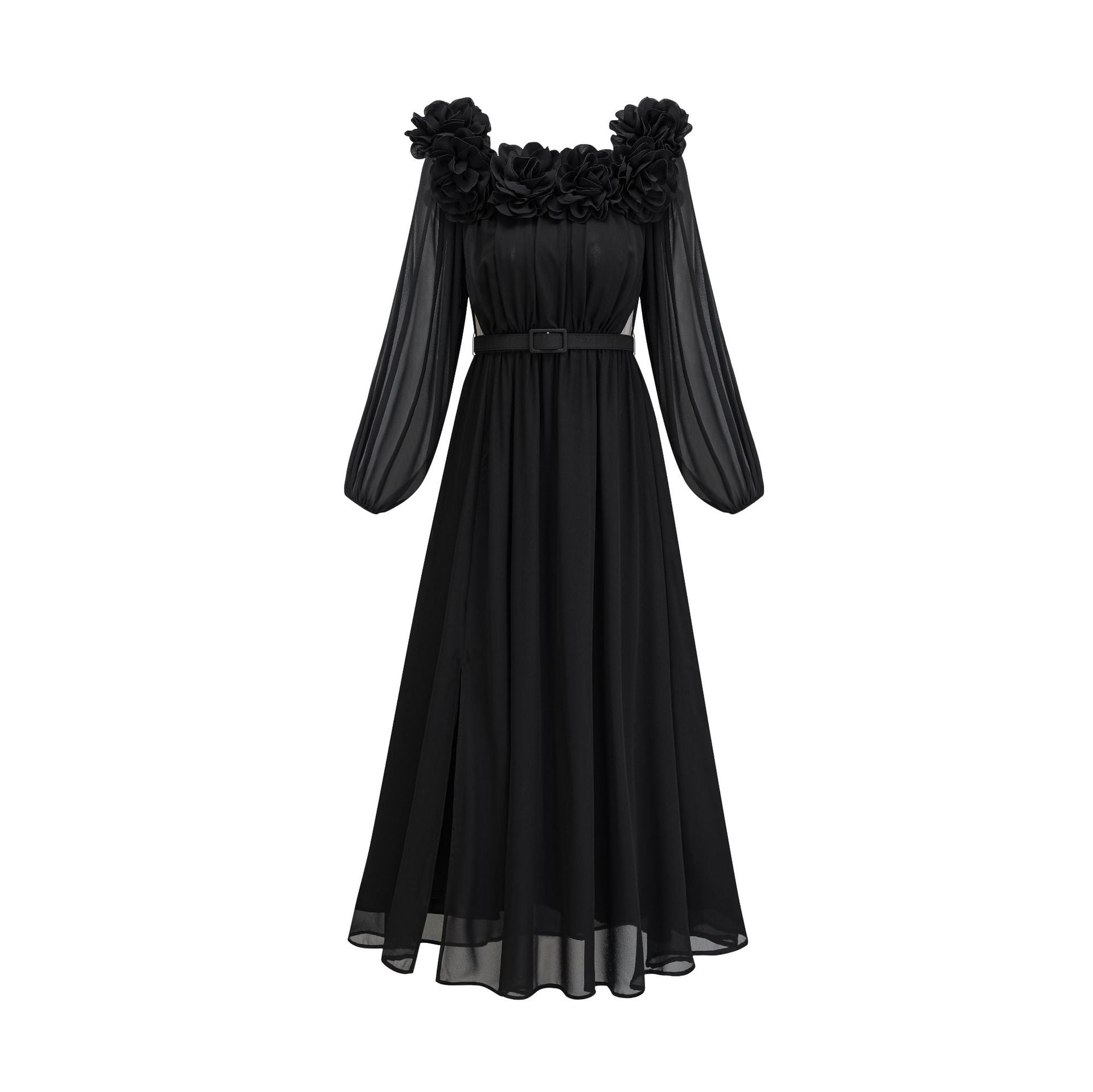 Robe Trapèze Col Carré Manches Longues Robe de Soirée en Noir