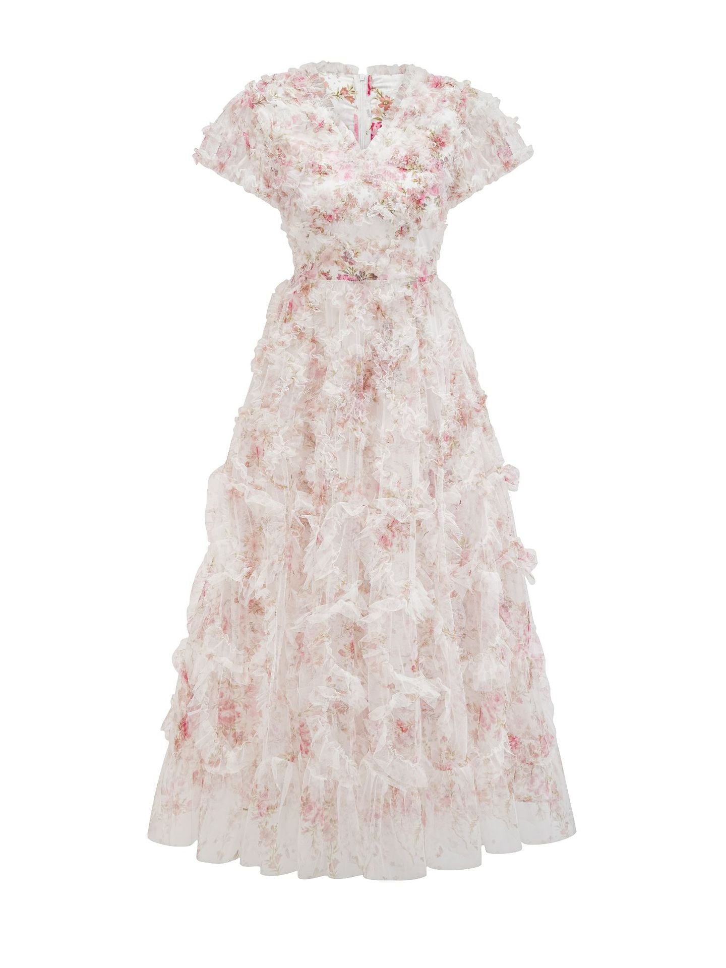 Robe Longue Trapèze Col V Manches Courtes Robe de Soirée Florale