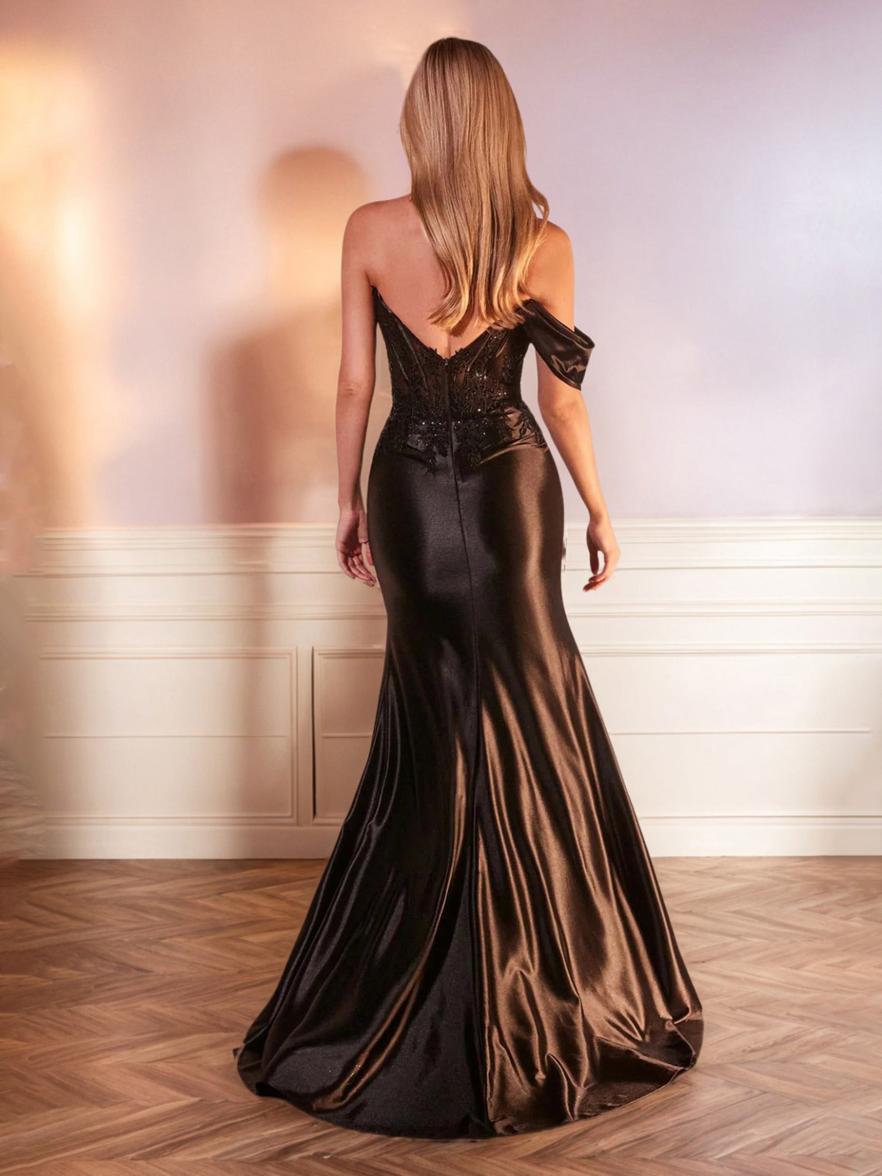 Robe de Soirée Noir Epaule Dénudée Sirène Fendue Satin Extensible à Paillettes avec Traîne