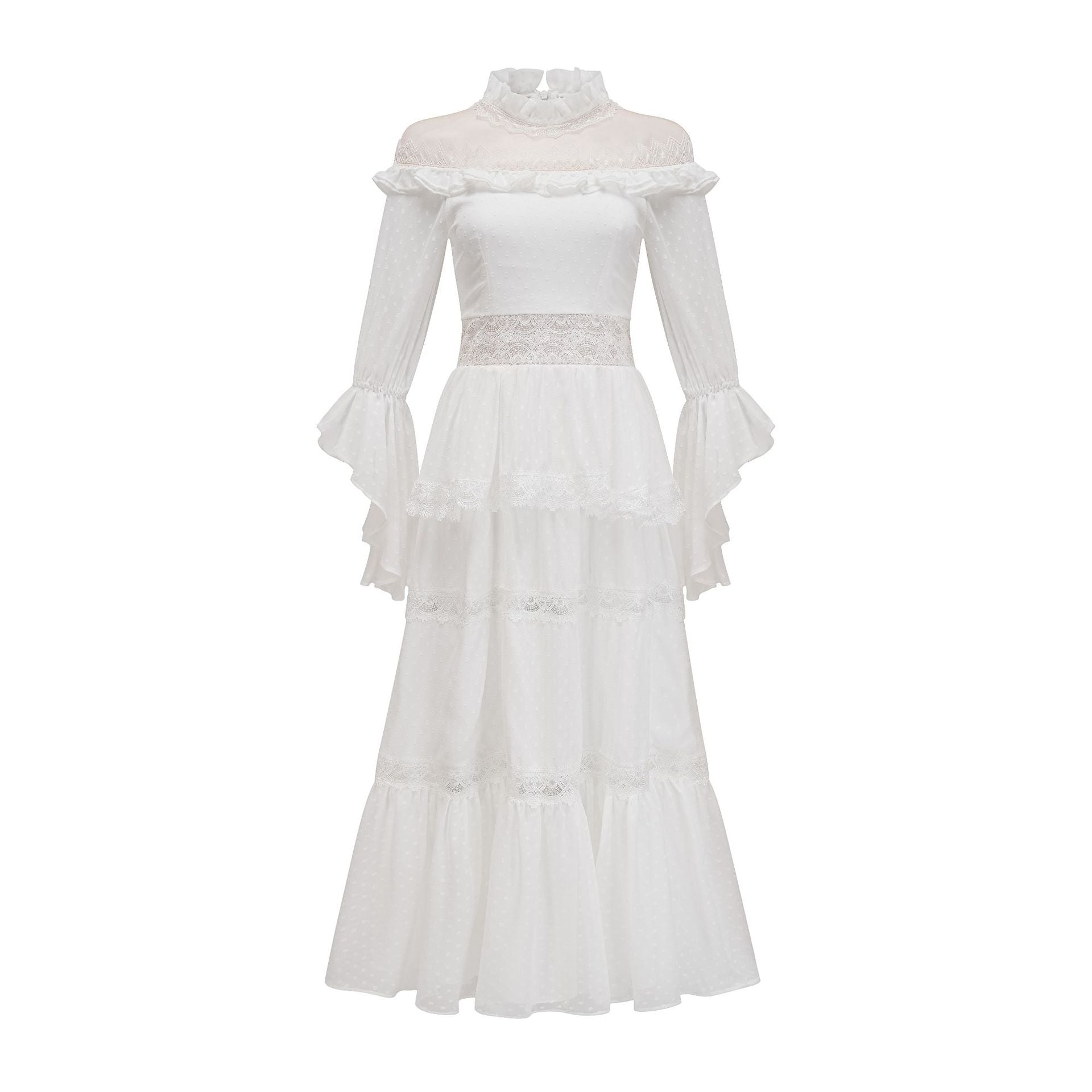 Robe Longue Broderie Empire Col Montant Manches Longues Robe de Soirée en Blanc