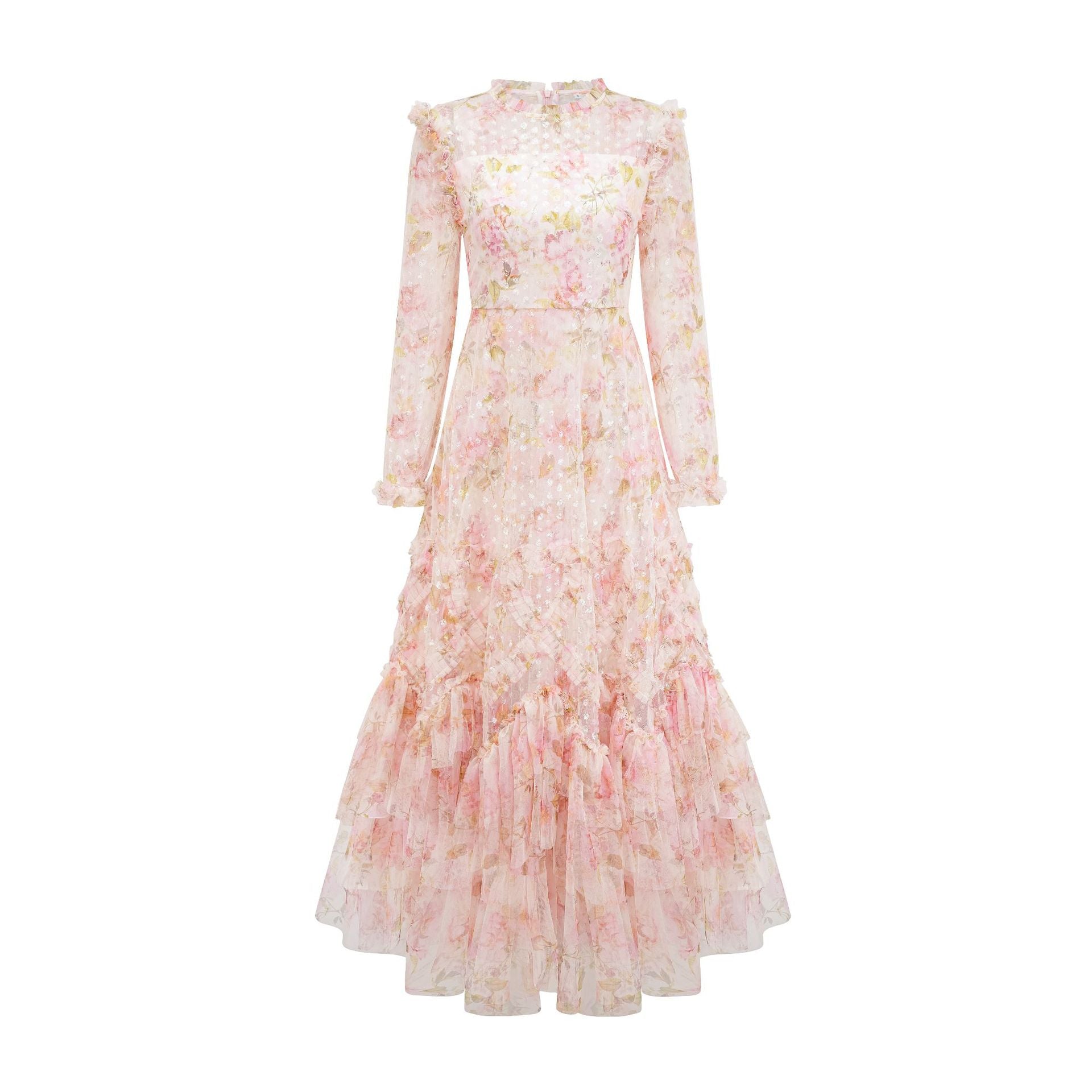 Robe Longue Paillettes Trapèze Col Rond Manches Longues Robe de Soirée en Rose Pâle Florale