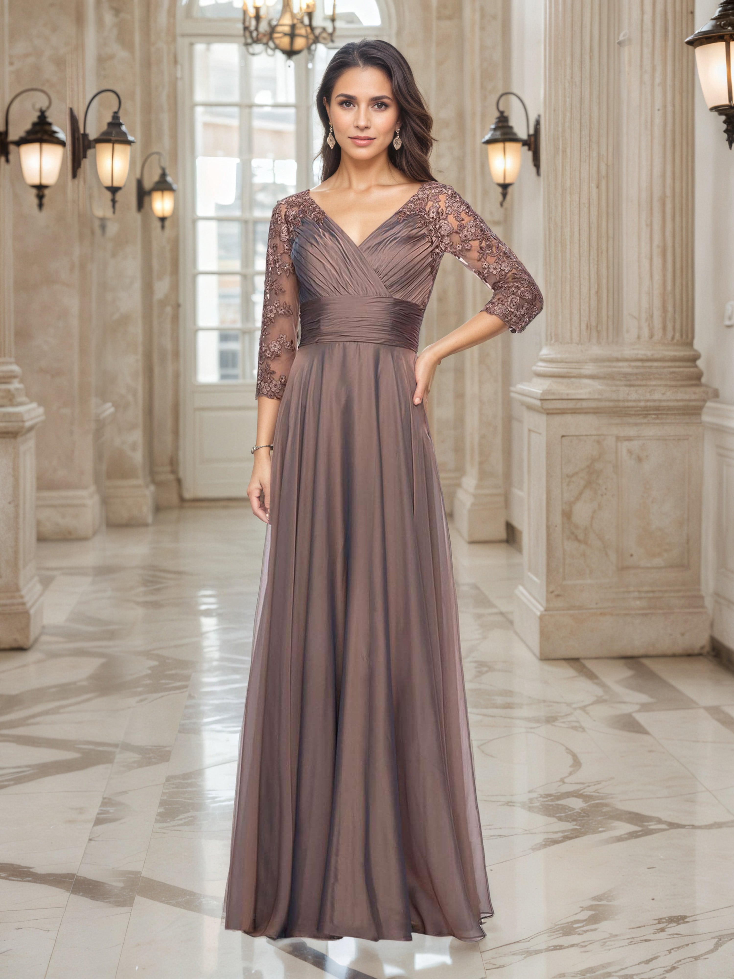 Elégante Robe de Soirée BRUN Col V Trapèze à Manches 3/4