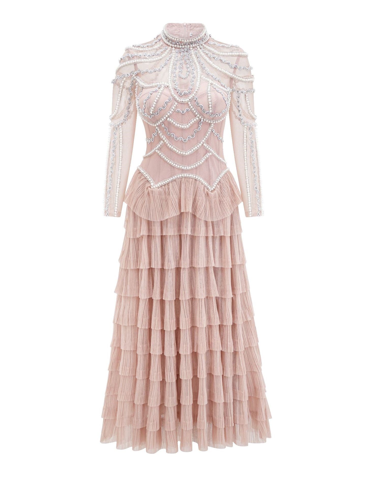 Robe Longue Trapèze Col Montant Manches Longues Robe de Soirée en Rose