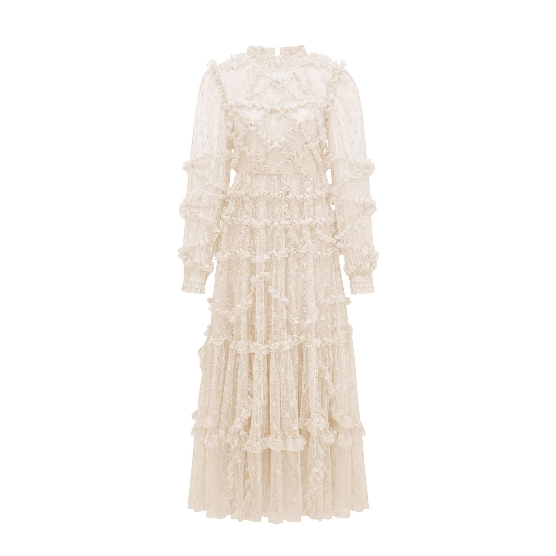 Robe Longue Broderie Trapèze Col Rond Manches Longues Robe de Soirée en Abricot