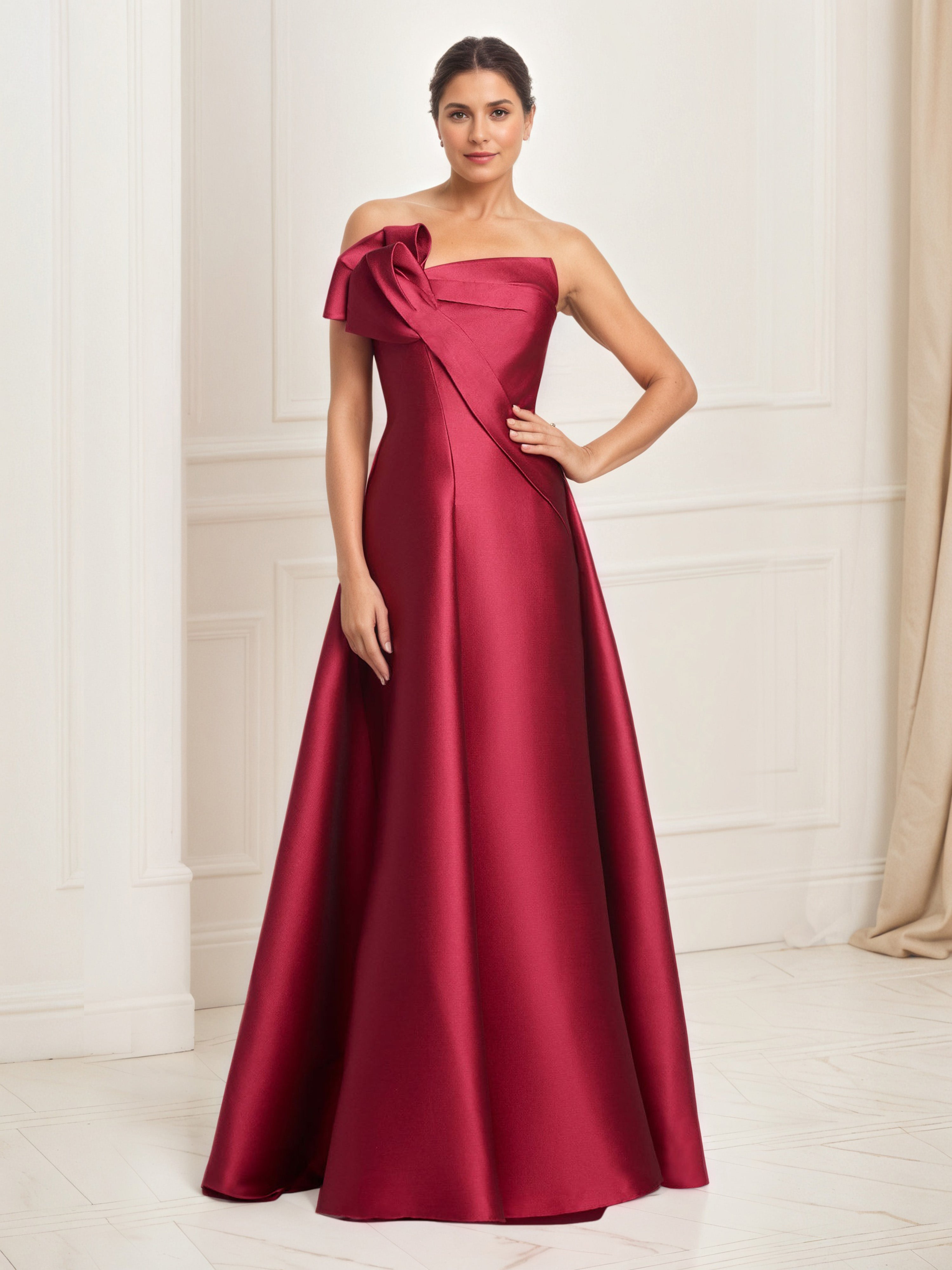 Robe de Bal Longue BORDEAUX A-Line en Satin Sans Bretelles avec Volants Décoratifs