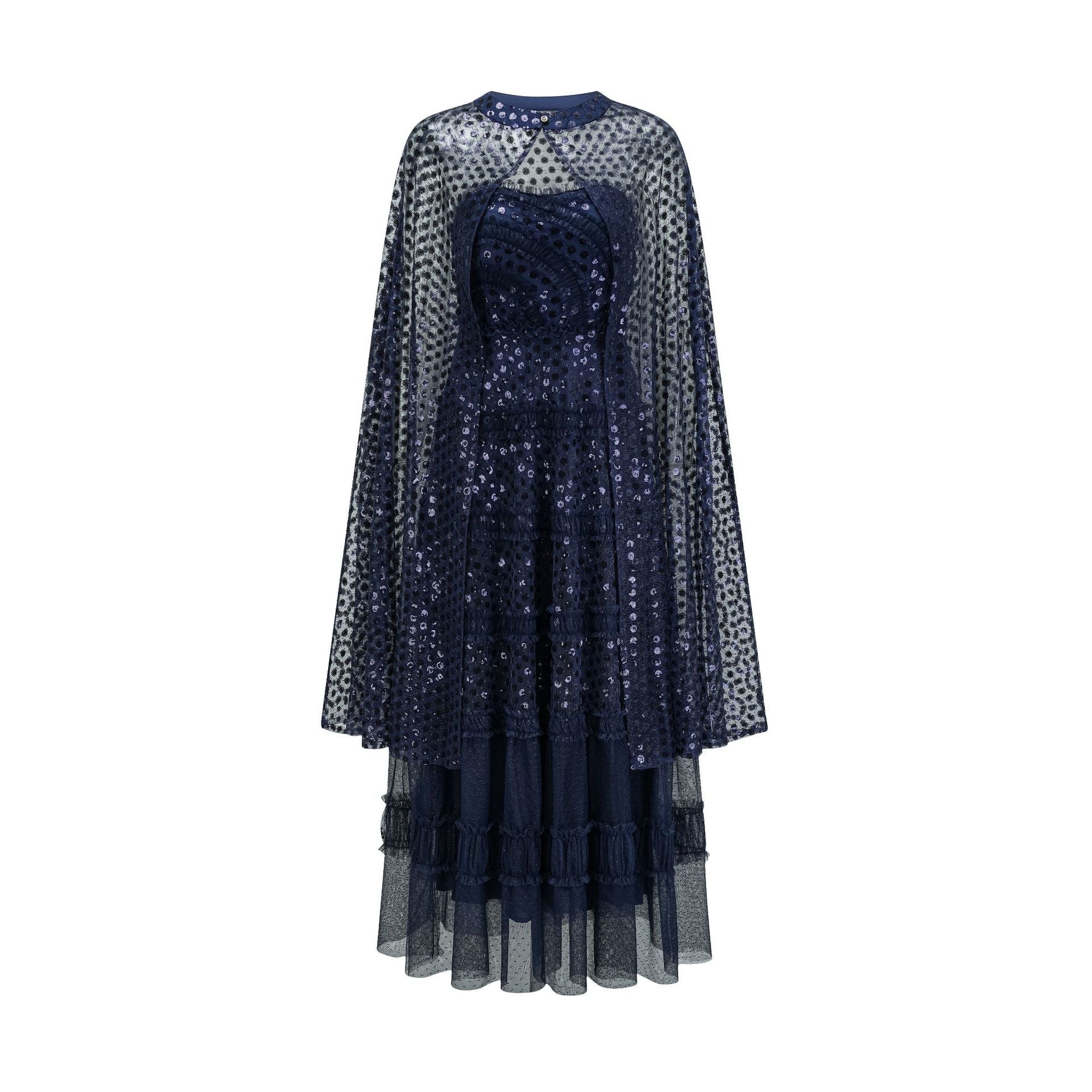 Robe Paillettes Deux Pièces Trapèze Sans Manches Robe de Soirée en Bleu Marine