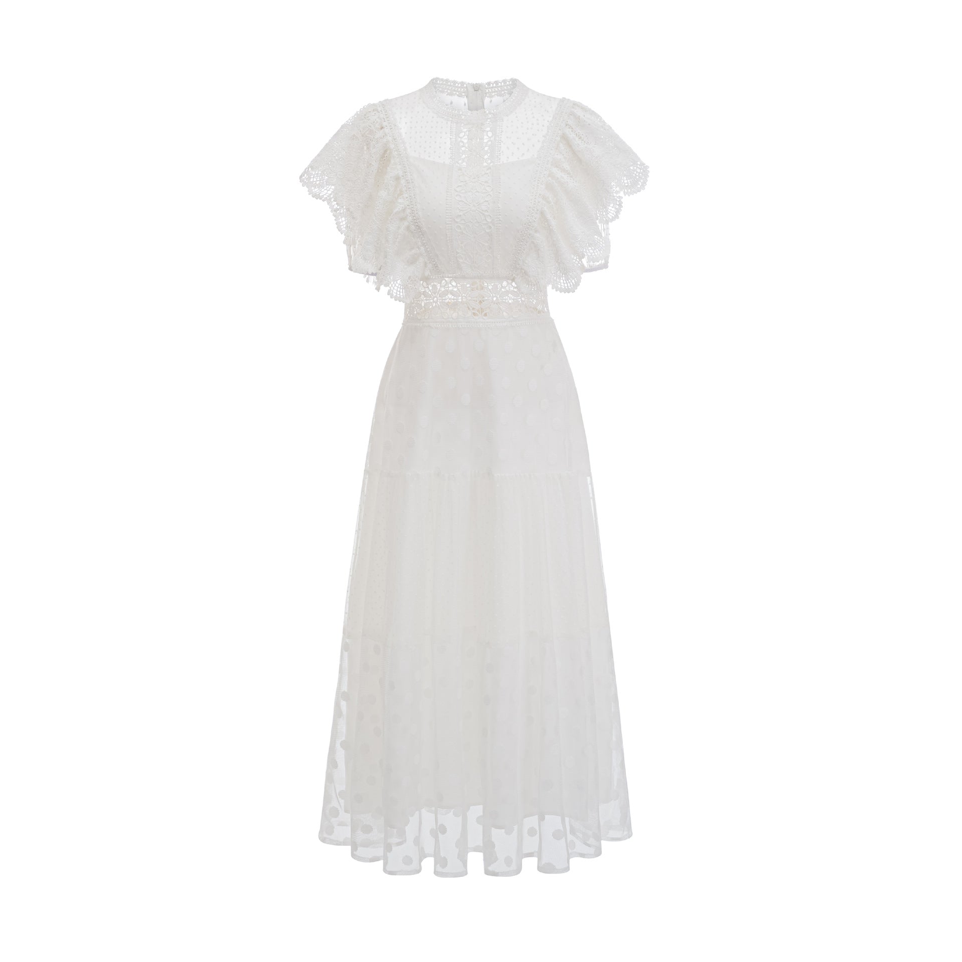 Robe Longue Trapèze Col Rond Manches Courtes Robe de Soirée en Blanc