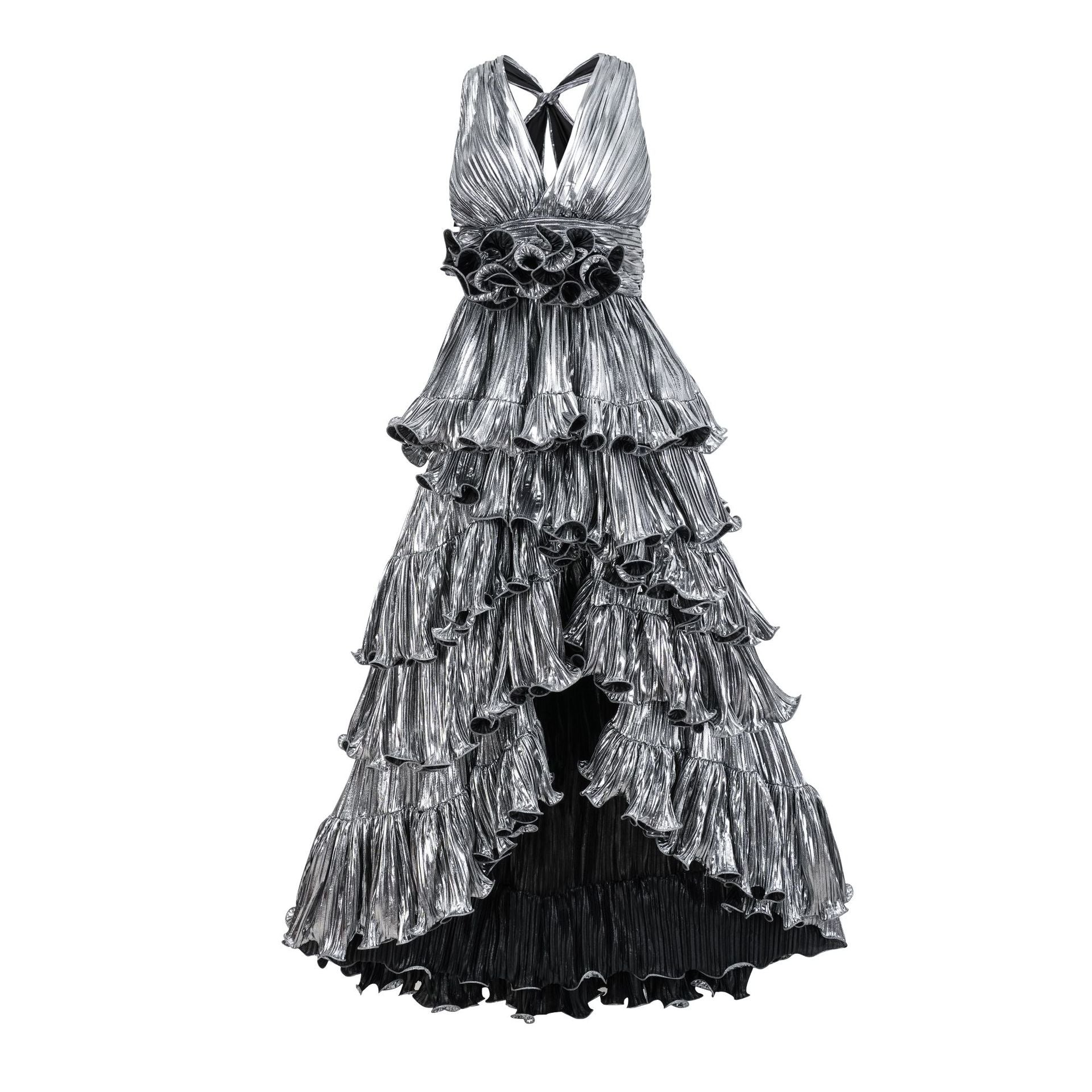 Robe Longue Asymétrique Col V Sans Manches Robe de Soirée en Argent