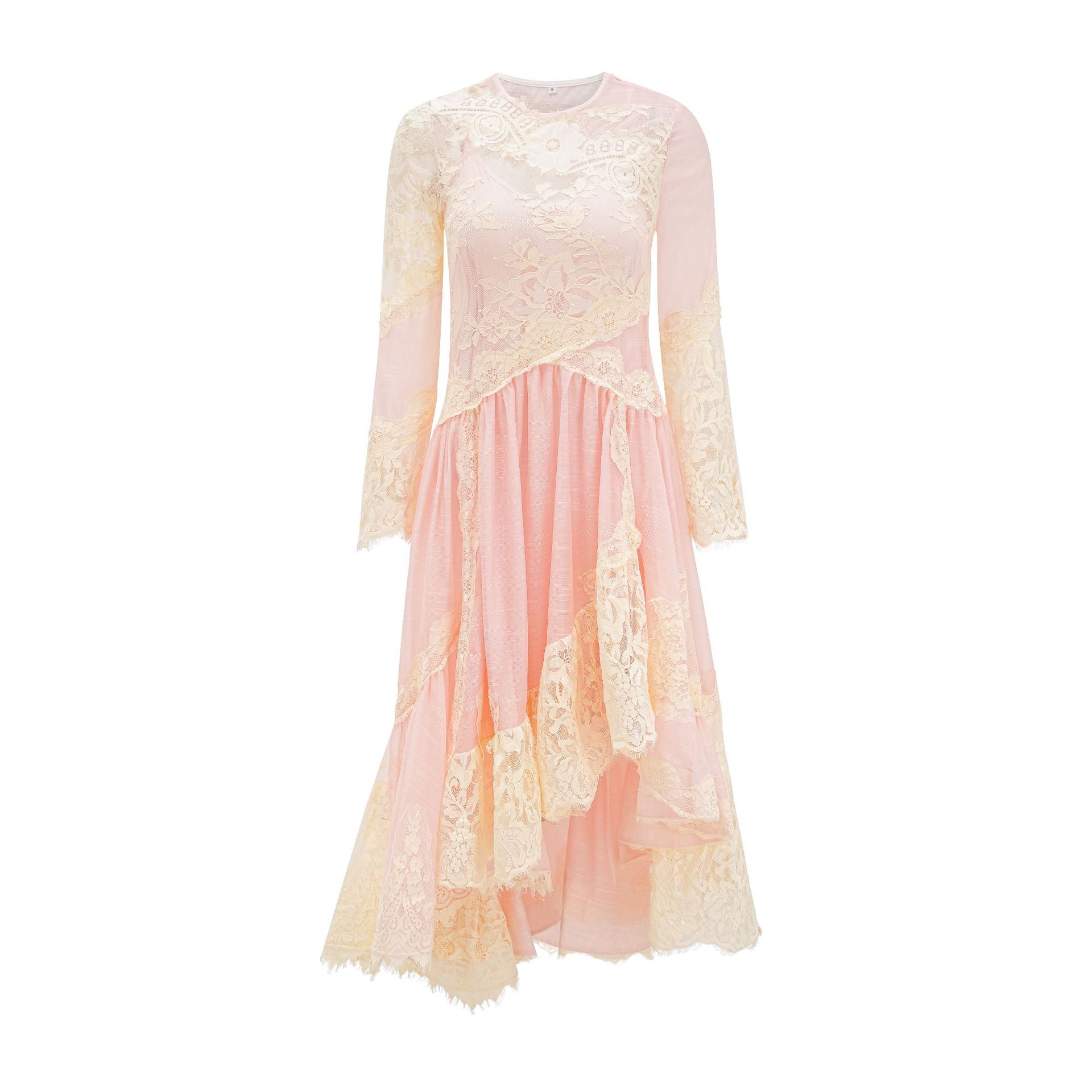 Robe Asymétrique Dentelle Col Rond Manches Longues Robe de Soirée en Rose