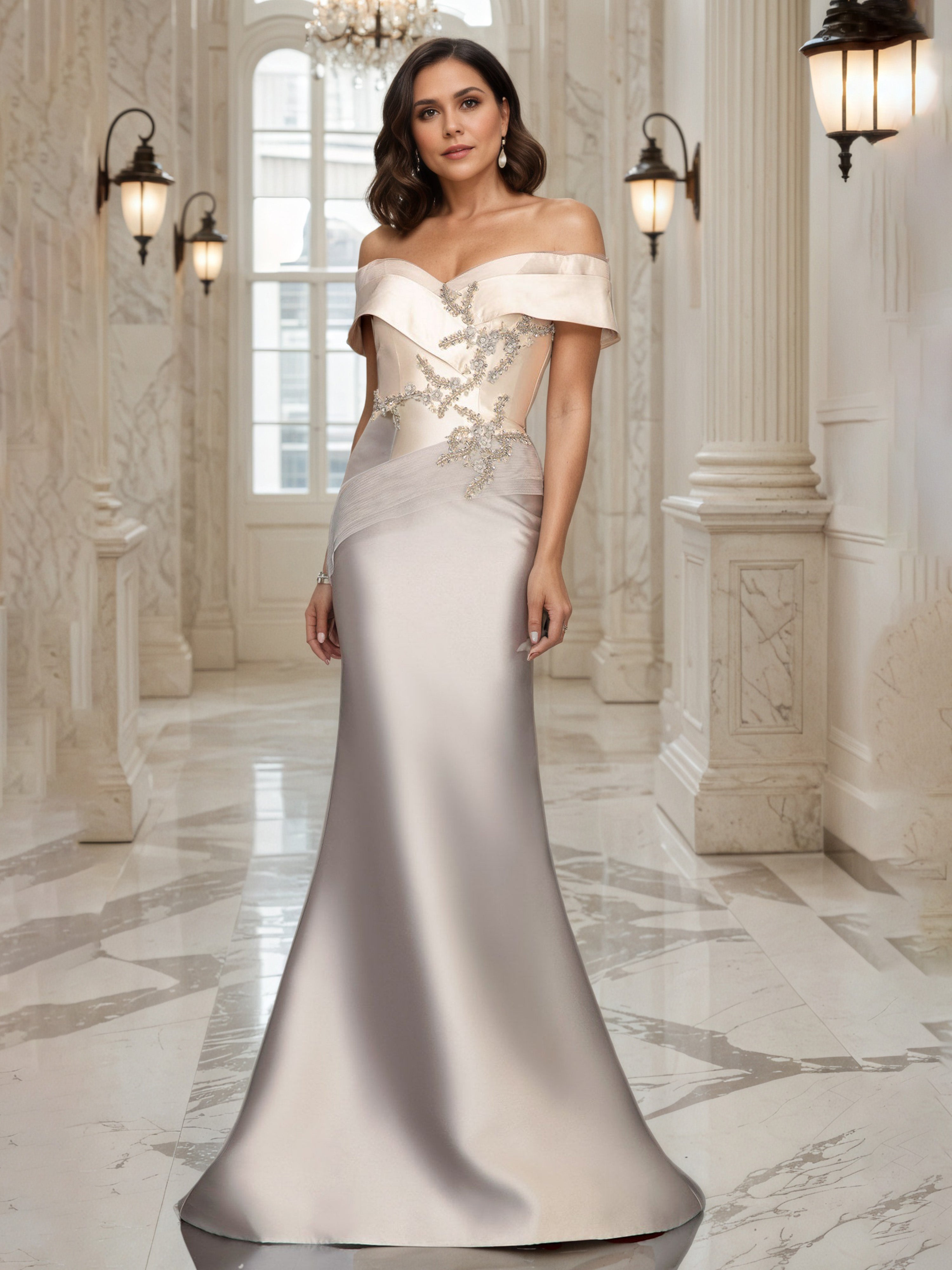 Robe de Soirée Taupe Epaules Dénudées avec perles Robe Sirène avec Traîne de balayage / pinceau