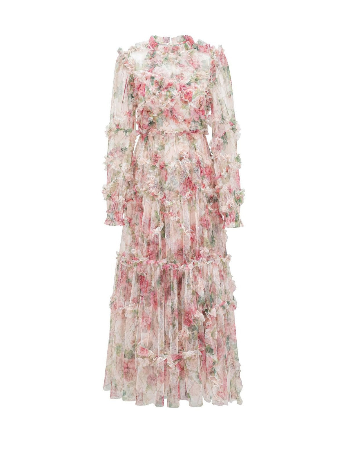 Robe Trapèze Col Rond à Volants Manches Longues Robe de Soirée en Abricot