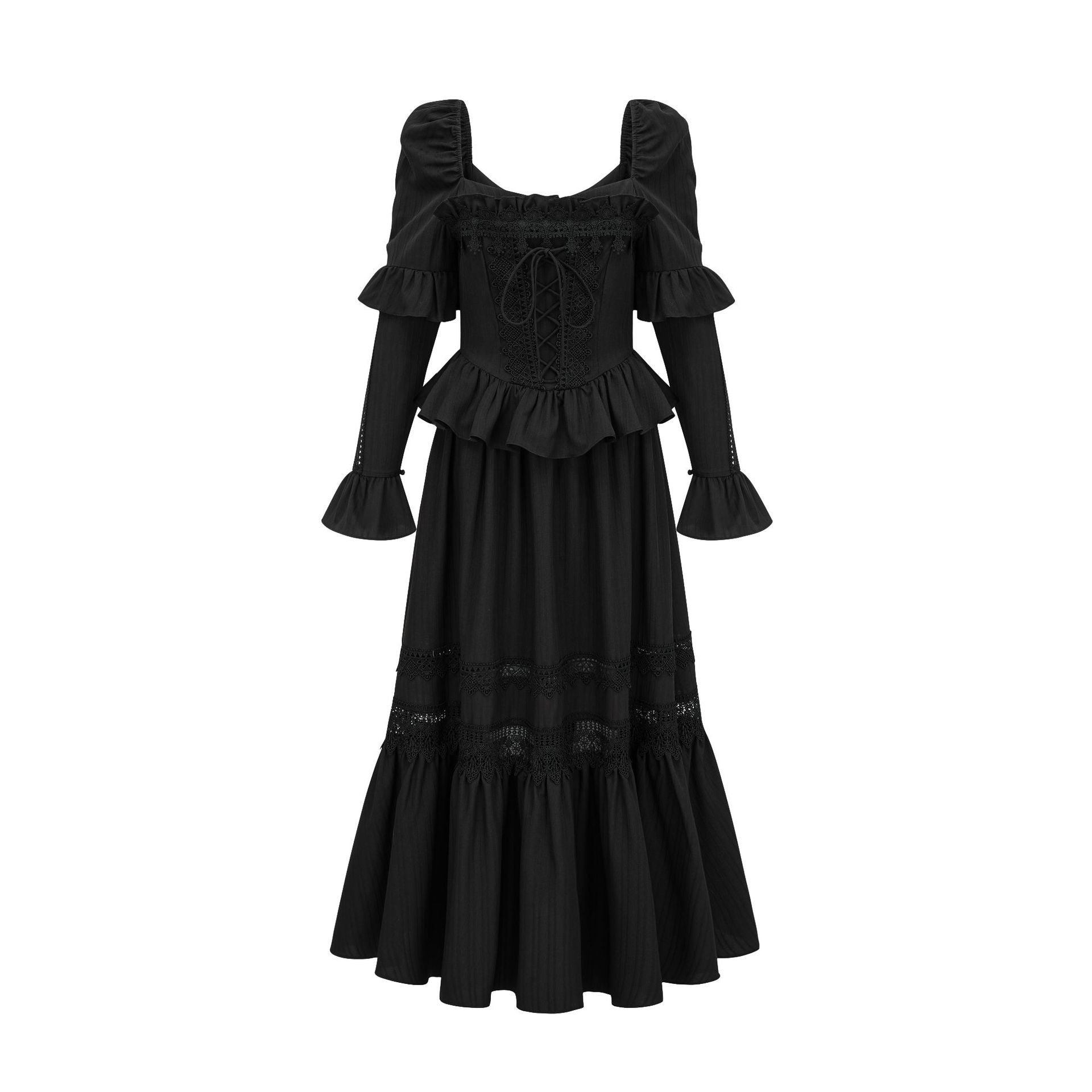 Robe Longue Trapèze Col Carré Manches Longues Robe de Soirée en Noir