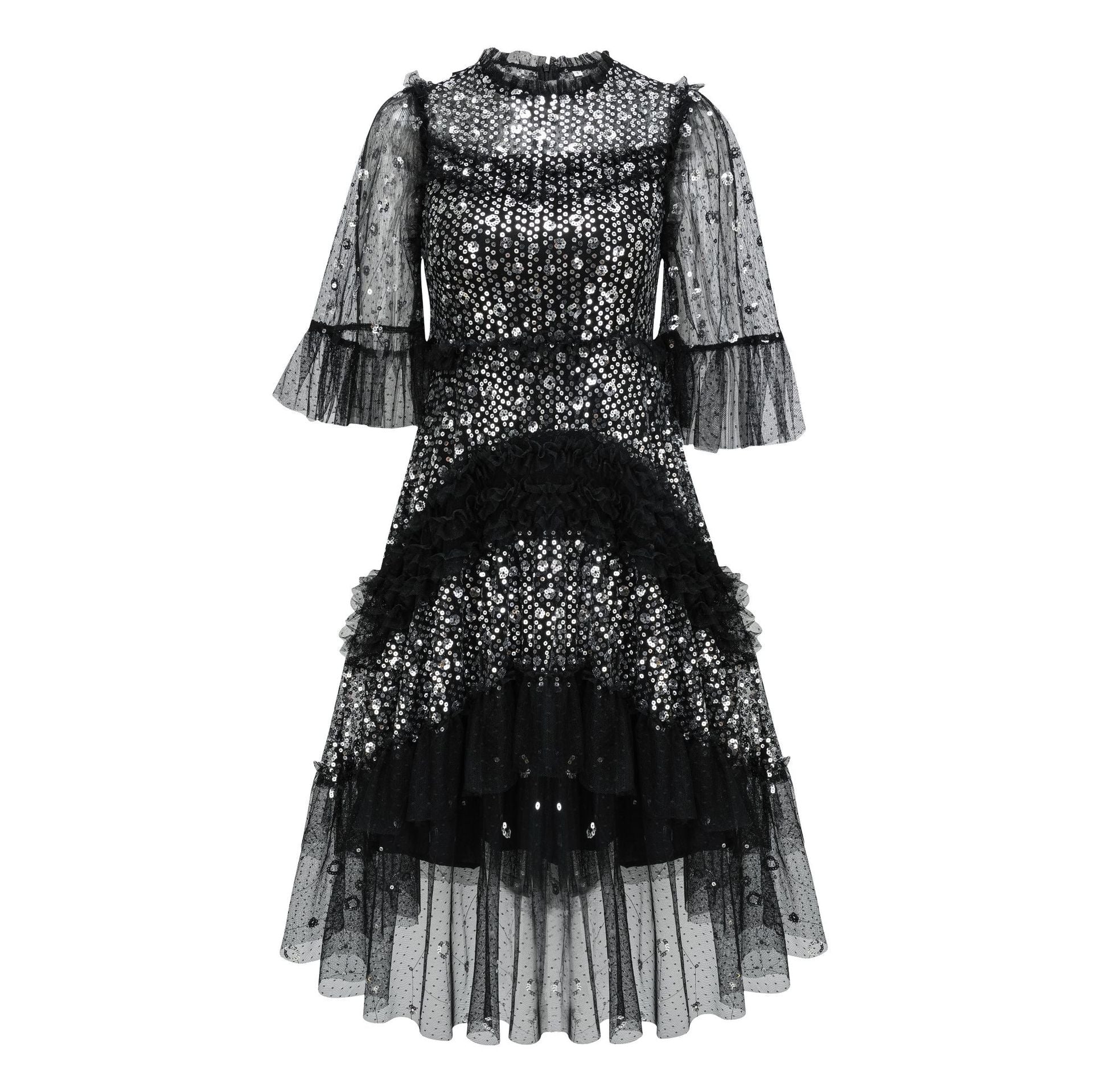 Robe Courte Trapèze Col Rond Paillettes Manches 3/4 Robe de Soirée en Noir