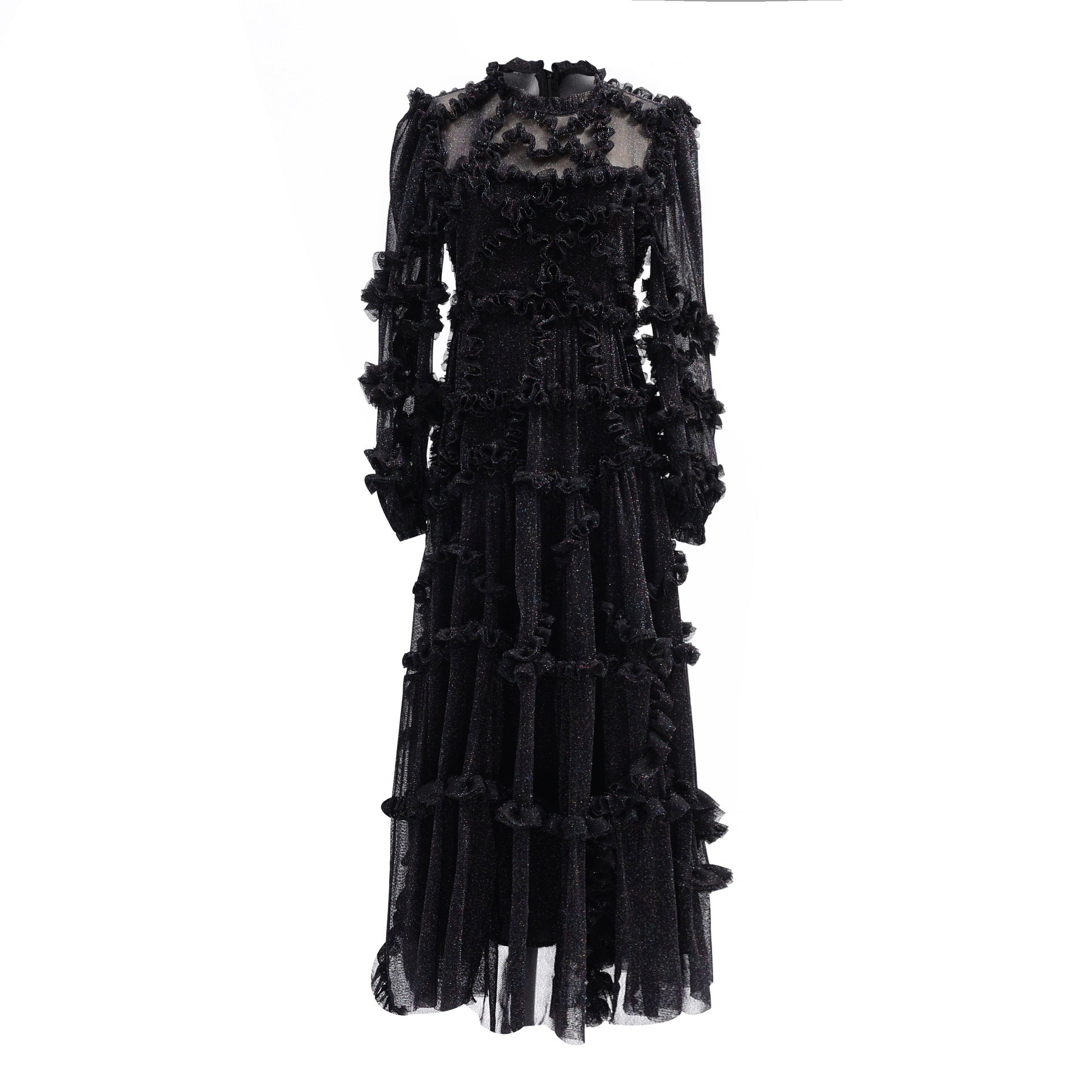 Robe Trapèze Empire Col Rond Manches Longues Robe de Soirée en Noir