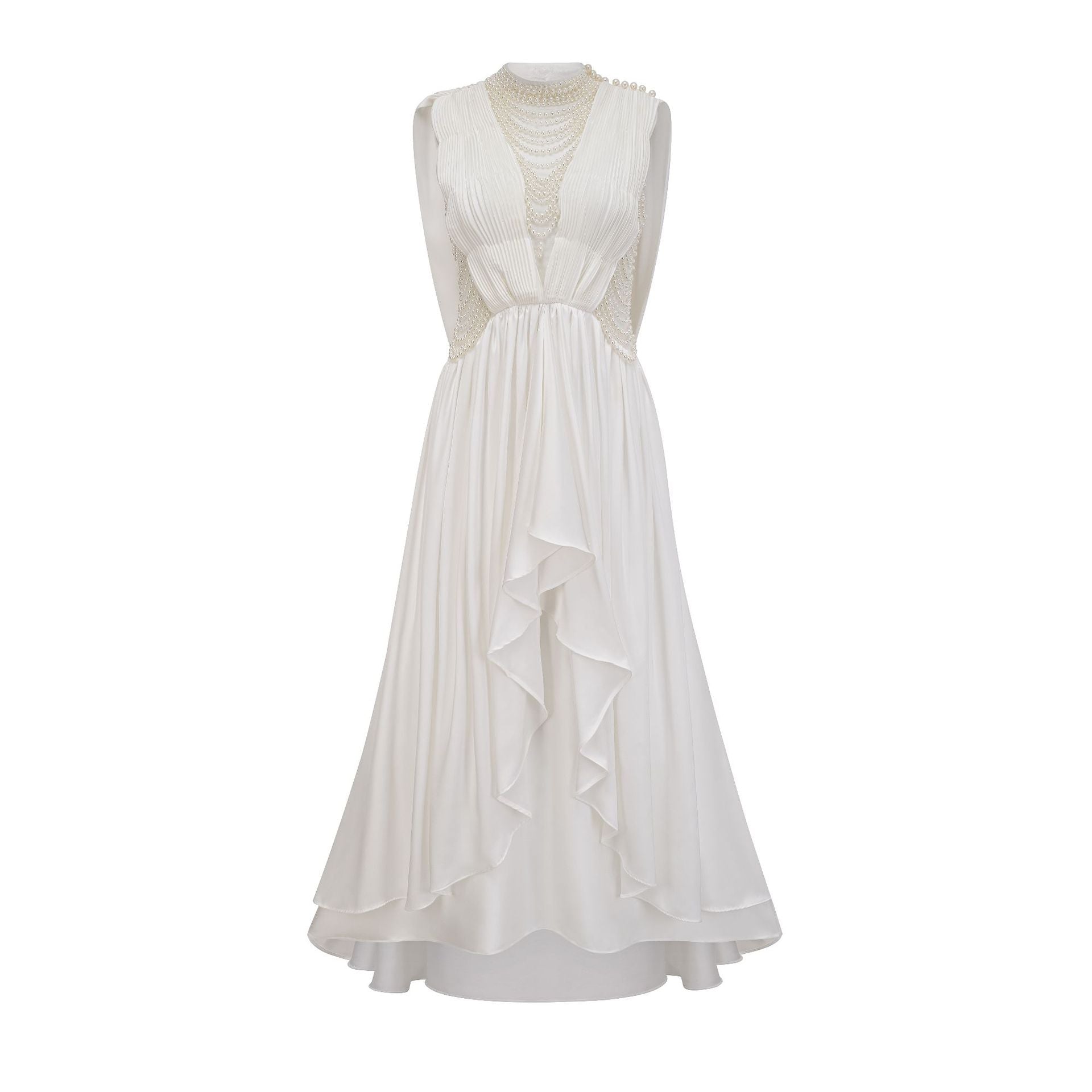 Robe Longue Asymétrique Col Rond Sans Manches Robe de Soirée en Blanc