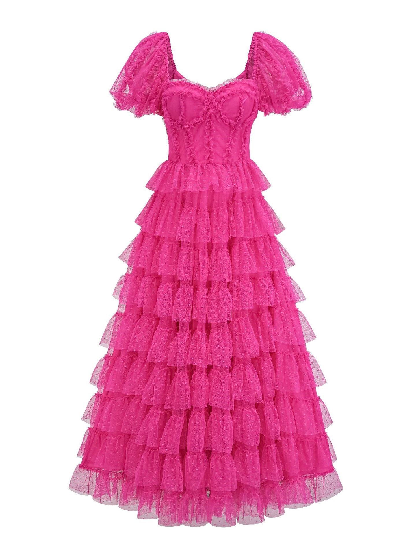 Robe Longue Trapèze Cache Cœur Manches Courtes Robe de Soirée en Fuchsia