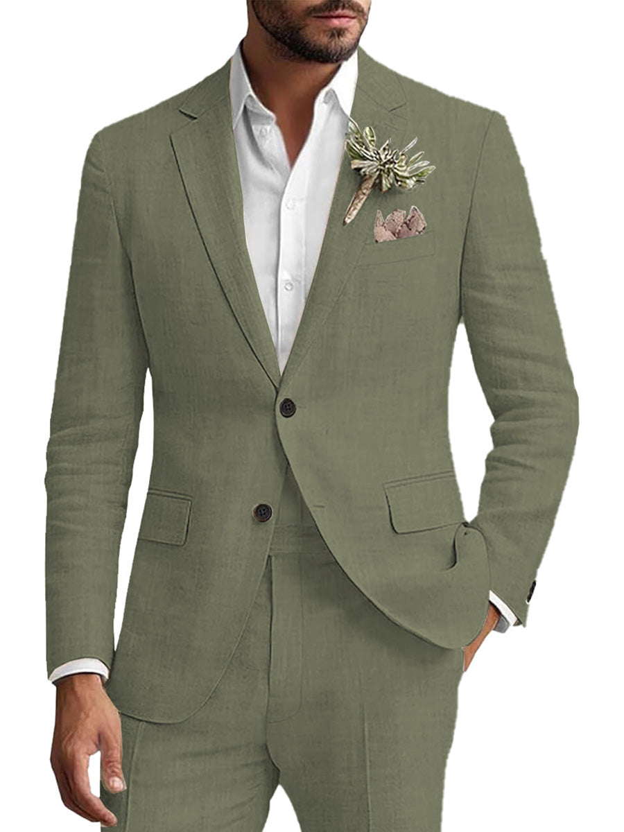 Costume Homme 2 Pièces VERT_OLIVE en Lin Pour le Marié et les Affaires Décontractées Élégance Respirante